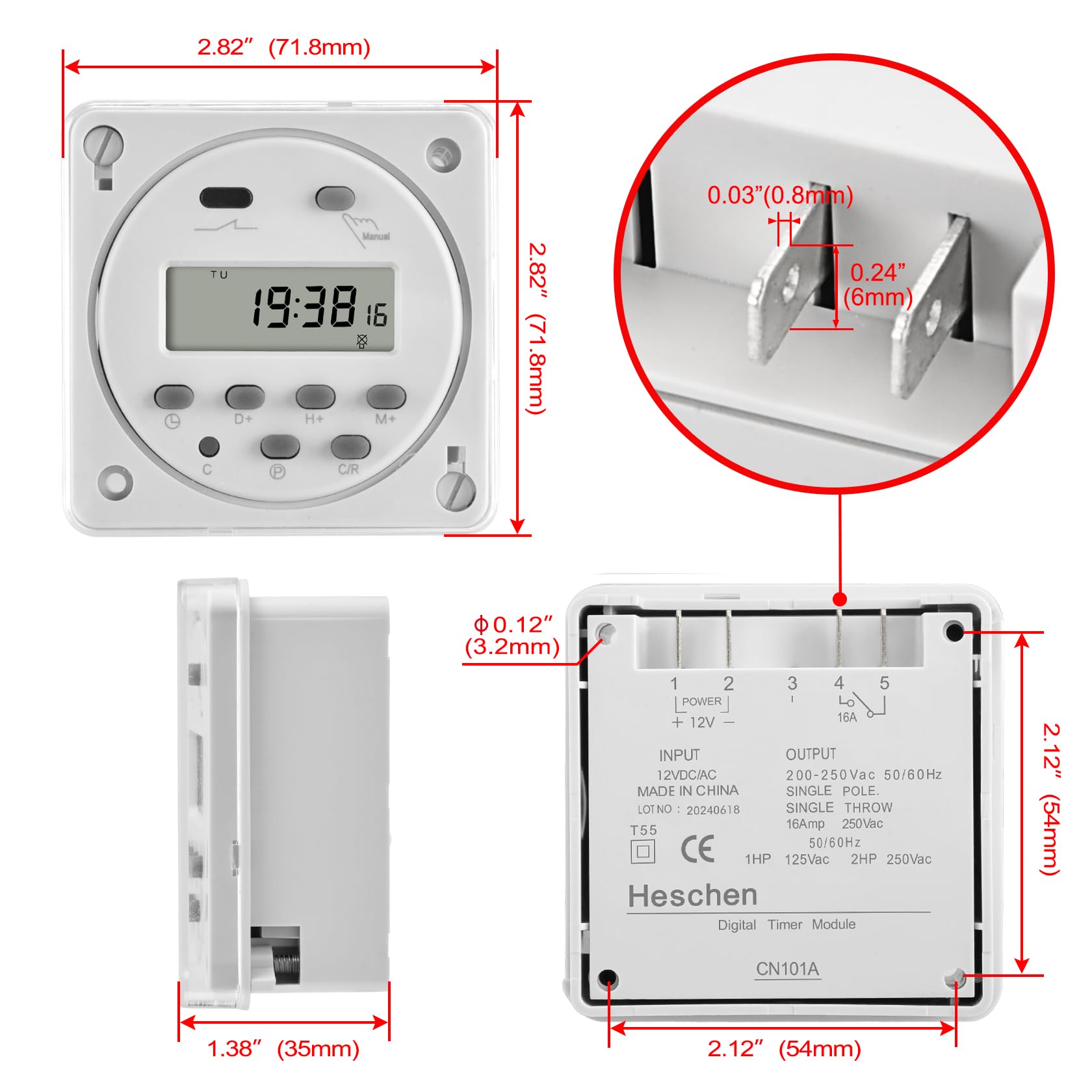 Baomain CN101C Digital Programmable Timer Relay – 12V Input/Output, 16A SPST, Weekly & Daily Scheduling With 17 On/Off Settings