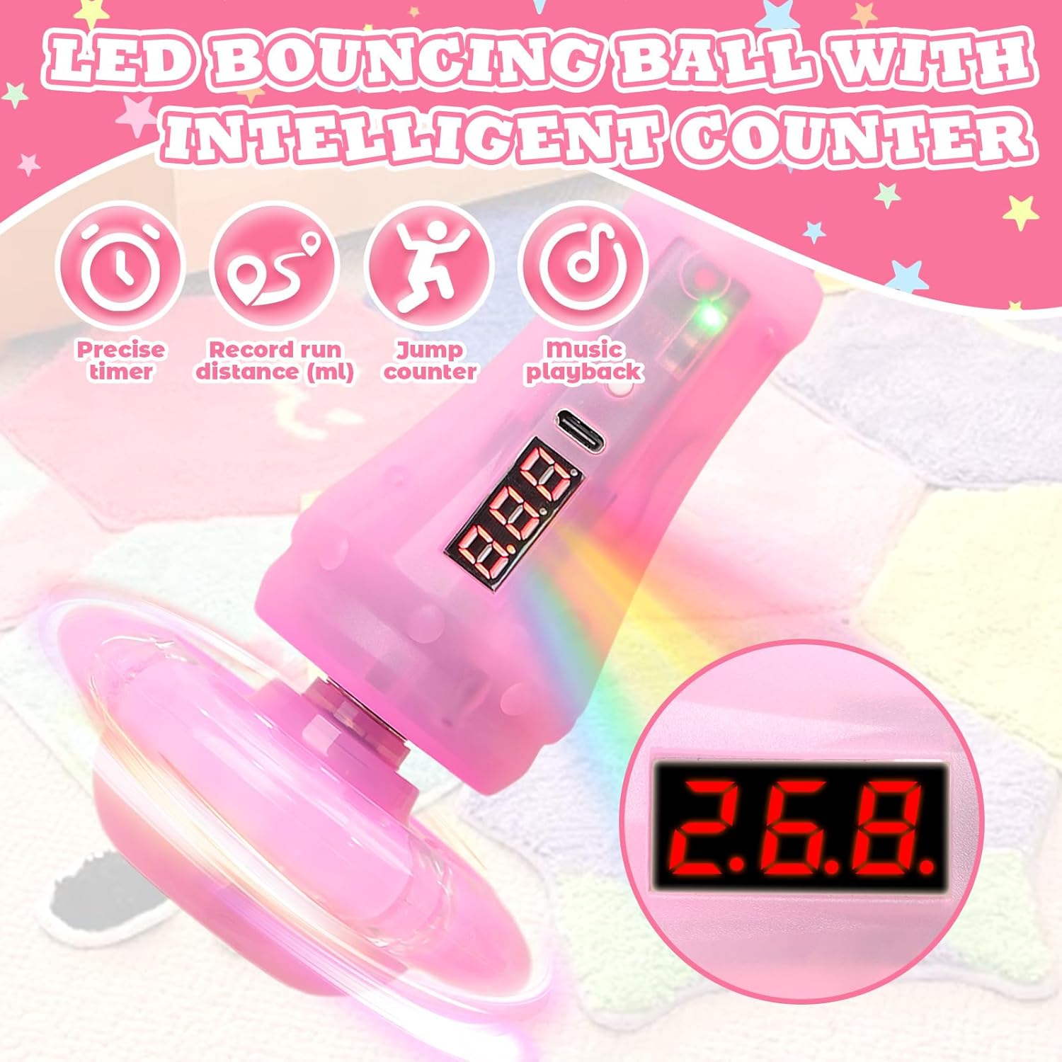 Skip Ball for Kids, Foldable Skip Ball Toy for Girls with Counter- Laps Flashing Light-Up Wheel & Rod, Birthday Gifts for Girls 6-10 Outdoor Toys (Pink, Illumination + Counter)