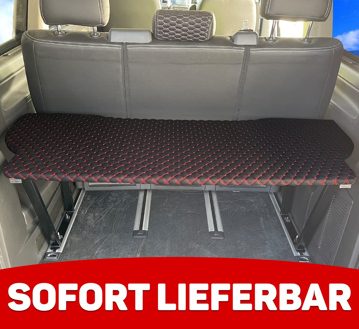 BREMER SITZBEZÜGE Multiflexboard kompatibel mit VW T5 T6 T6.1 Multivan Bettverlängerung Camper Schlafauflage Höhe 51cm inkl. Konsolen & Klappmatratze Schwarz Gestepptes Muster MF402