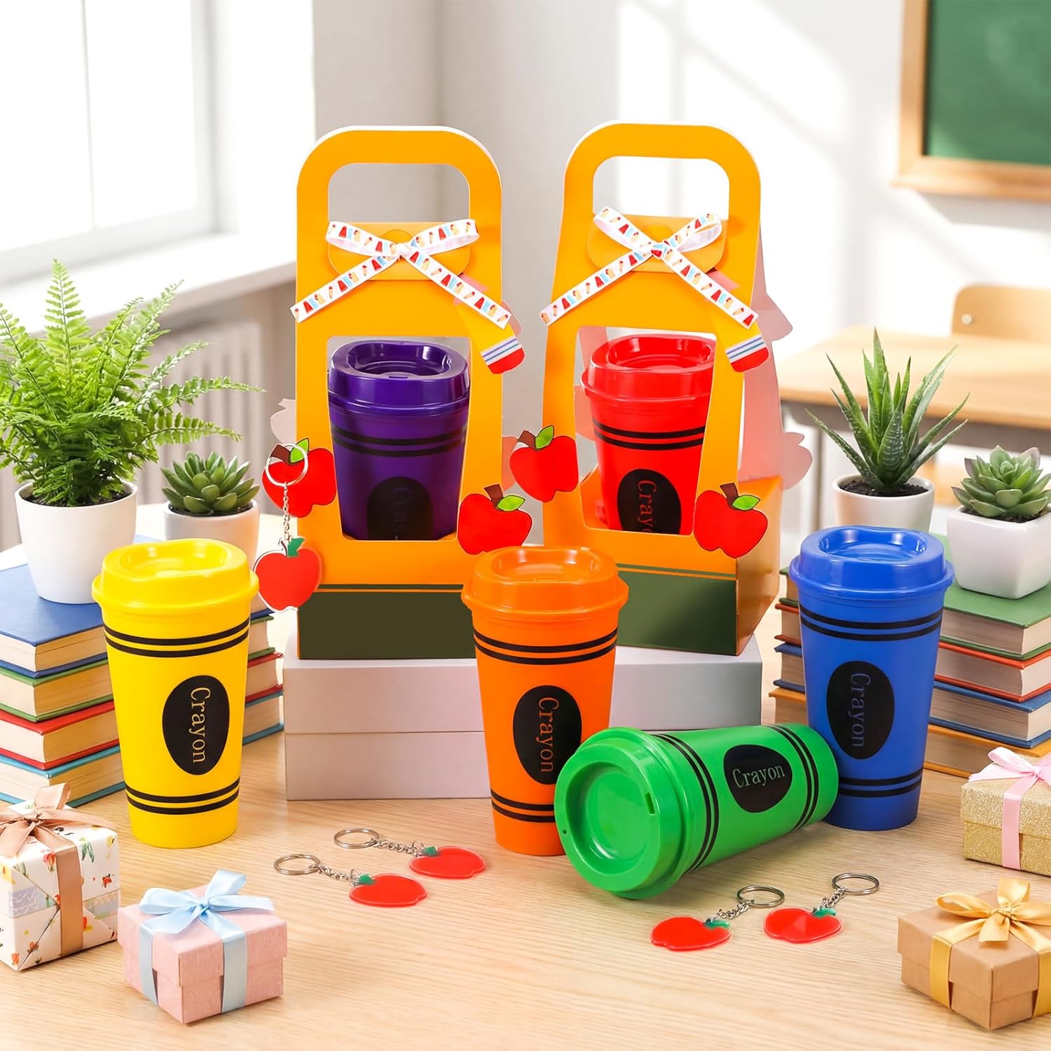 Maxdot 6 Set Teacher Appreciation Gifts Bulk 16 oz Teacher Plastic Cups Crayon Tumblers with Apple Keychain Yellow Ribbon Cup Holders with Handle for Teacher's Day Graduation Back to School Classroom