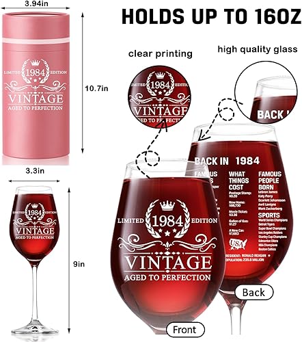 Miniatura 2 de Regalos de cumpleaños número 40 para hombres y mujeres  Copa de vino con tallo vintage de 18 onzas 1984  Copa de vino de cumpleaños con impresión de