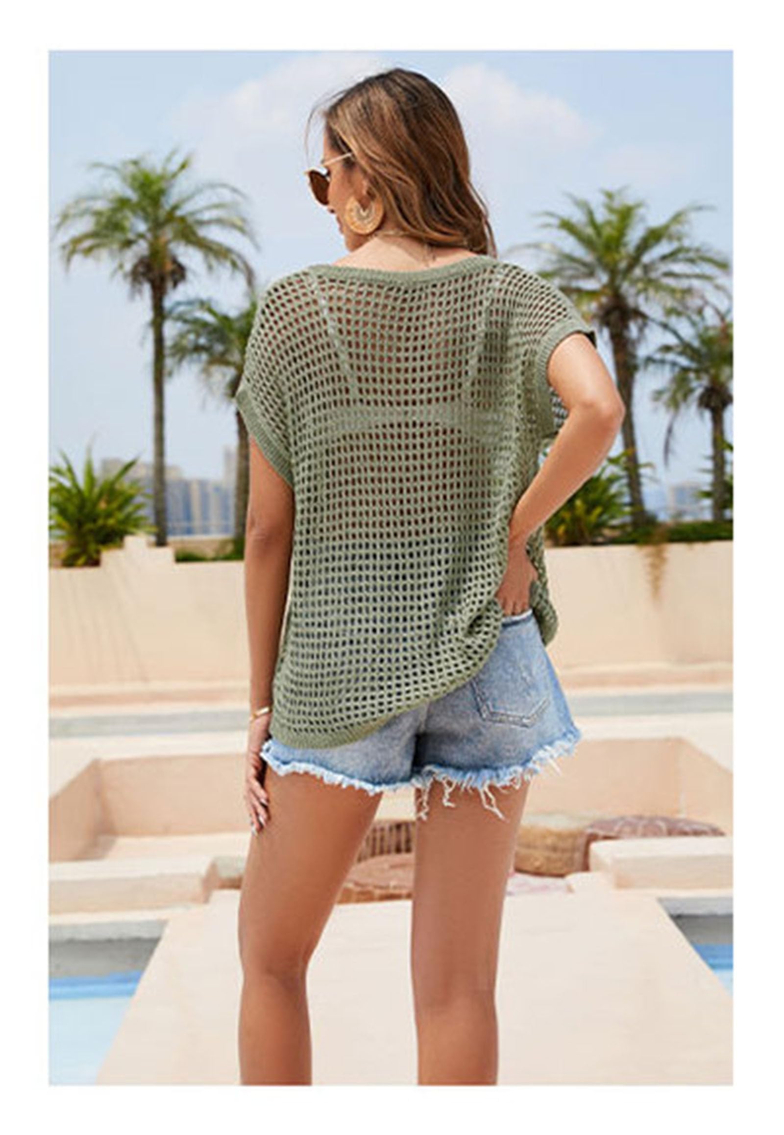 Femmes Maille Crochet Crop Top Sexy À Manches Courtes Évider Tricot Bikini Couvertures Ups,Bean Green,L