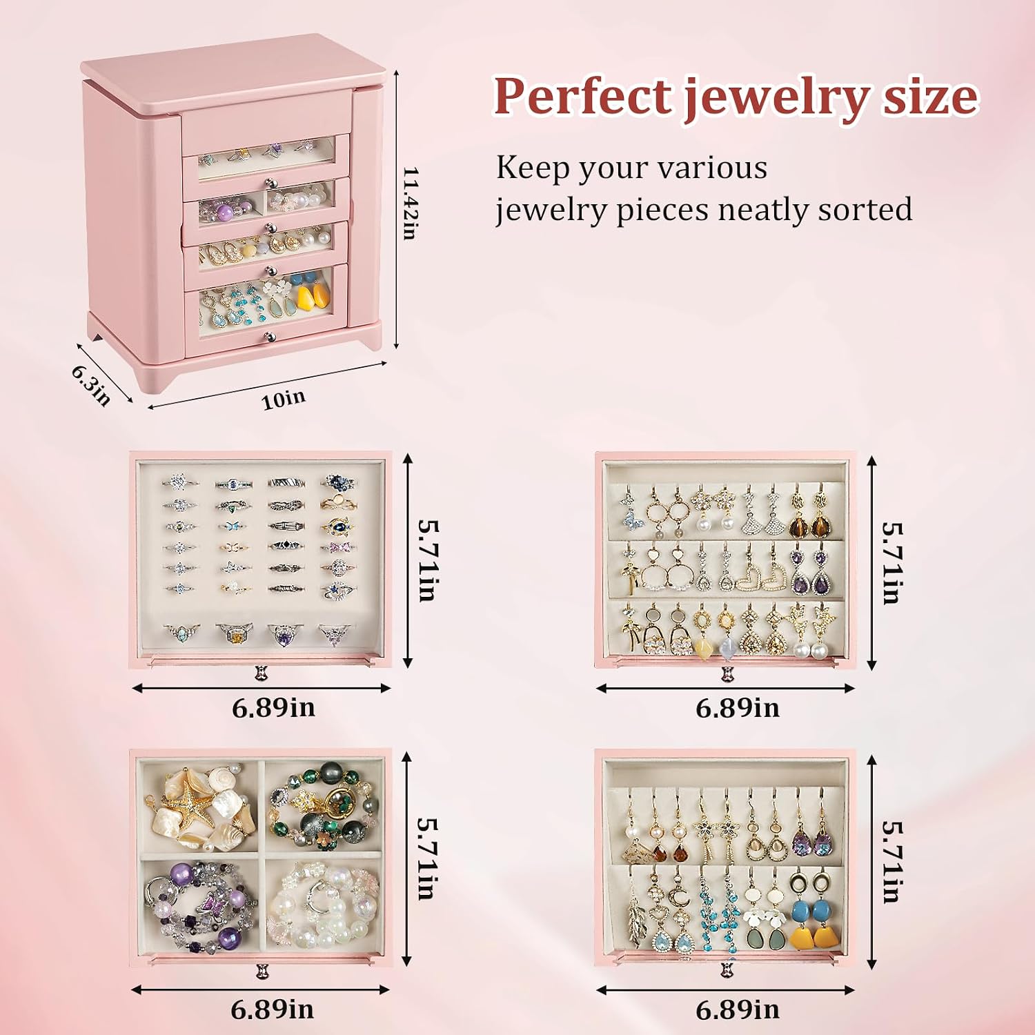 Jewelry Box for Women，Wooden Jewelry Box with 4 Clear Drawers Pink image 2