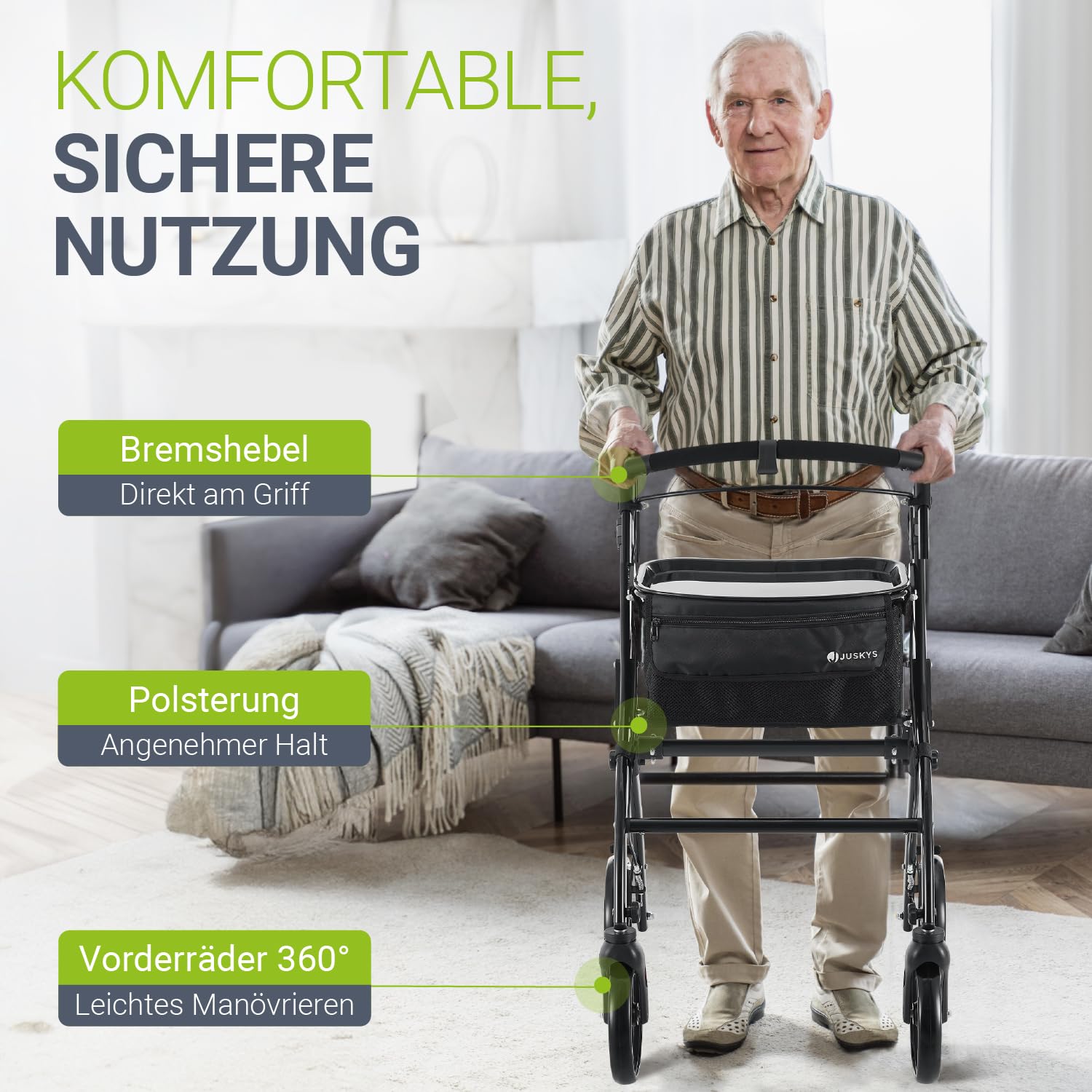 Juskys Aluminium Wohnungsrollator Aktiv mit Transporttasche & Tablett - Indoor Rollator schmal, leicht & faltbar - Gehhilfe für Senioren - Schwarz