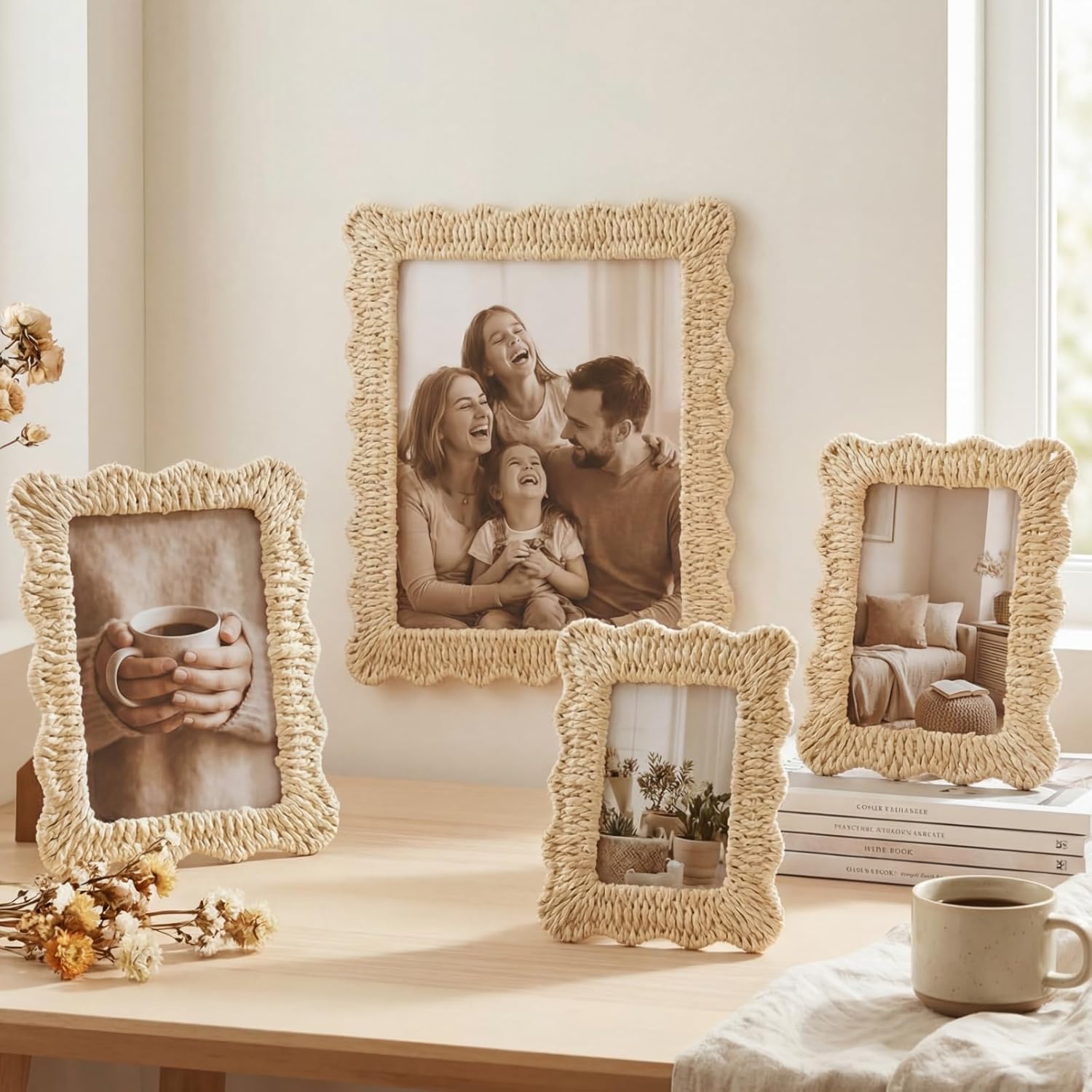 Kathfly Boho Picture Frames Set of 4 Rattan Scalloped Picture Frame Woven Handmade Photo Frames for Bohemian Wall Decor Tabletop Display Home Decor Gift (3.5'' x 5'', 4'' x 6'', 5'' x 7'', 8'' x 10'')