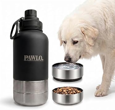 Outdoor Dog Water Bottle with 2 Stainless Steel Bowls — PAWLO 3-in-1 Portable Insulated 32oz Travel Dispenser for Hiking, Walking, Camping, Road Trips — Leakproof Dog Bowl Set with Lid (Black)