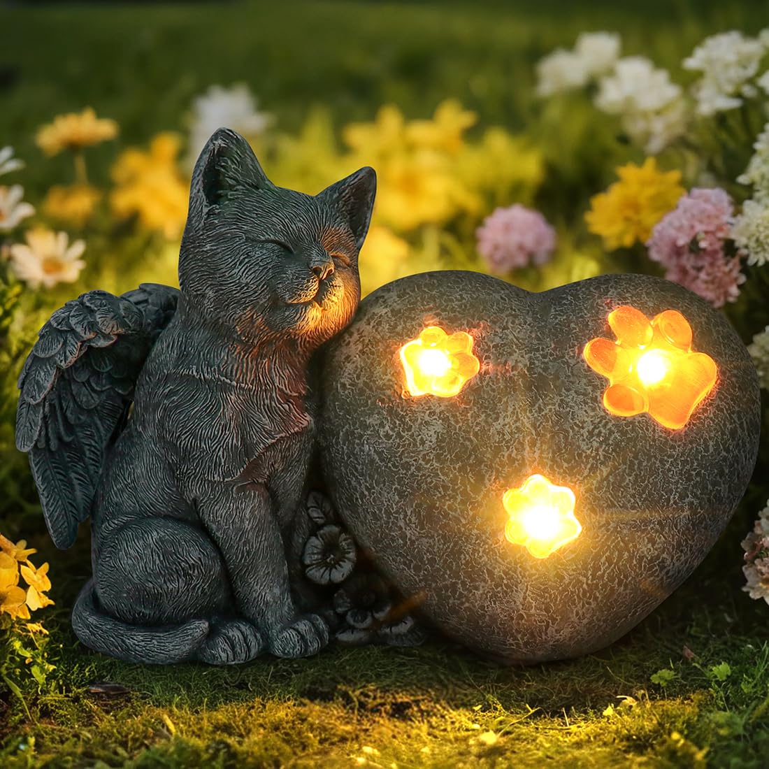 Heart-Shaped Solar Cat Memorial Stone with Wings, Pet Memorial Garden Stone, Waterproof Outdoor Memorial Headstone for Commemorates Loss of Cat