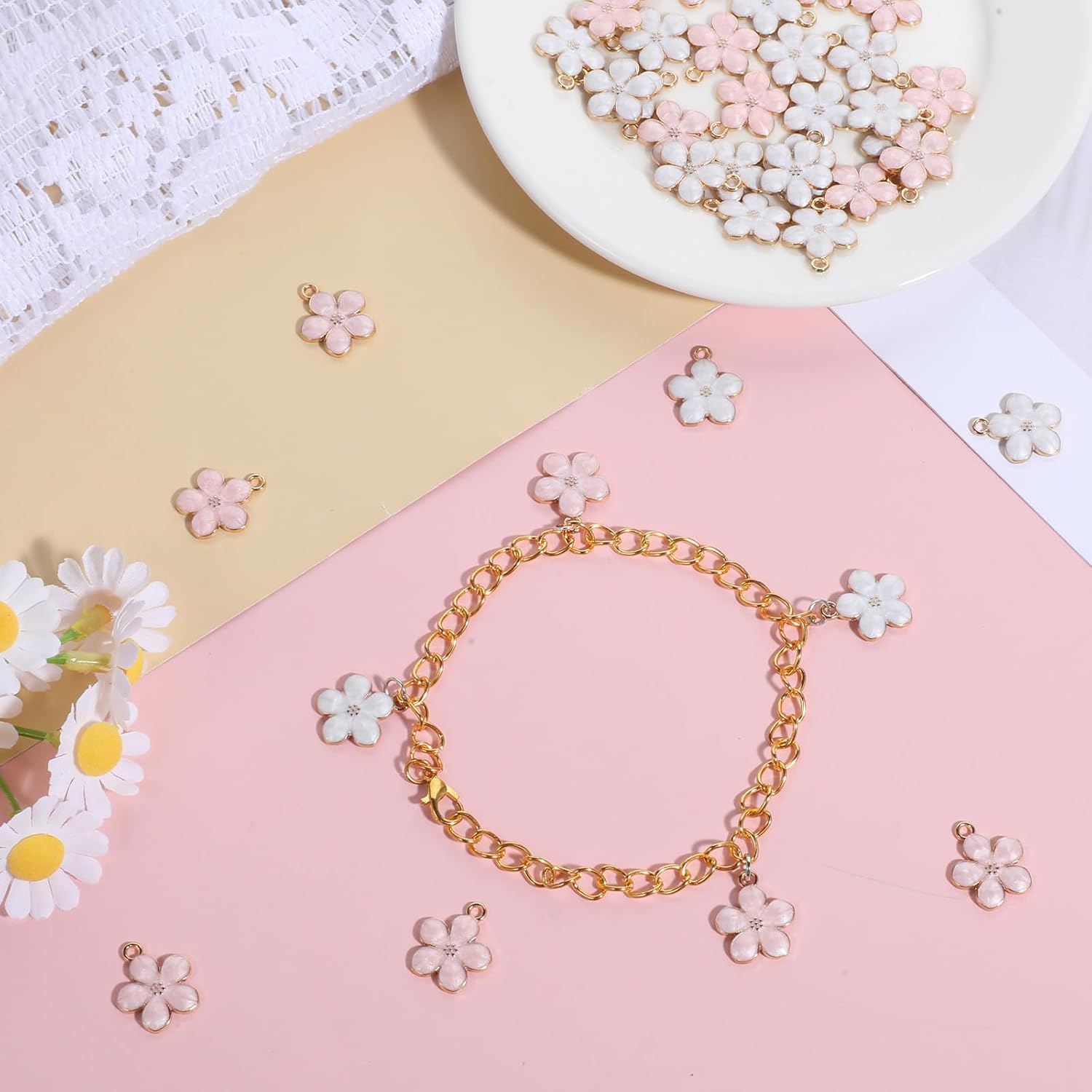 40 PCS Small Flower Charms for Jewelry Making, Enamel Flower Charms for Jewelry Making Gold Plating for Bracelets, Necklaces, Earrings, Key Chains, DIY Crafts (Pink, White) - Image 4