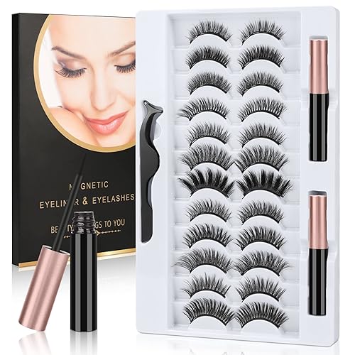 Miniatura 1 de Kit de racimos de pestañas, 12 pares de pestañas postizas magnéticas reutilizables con 2 tubos, impermeable, delineador de ojos y pinzas, kit de