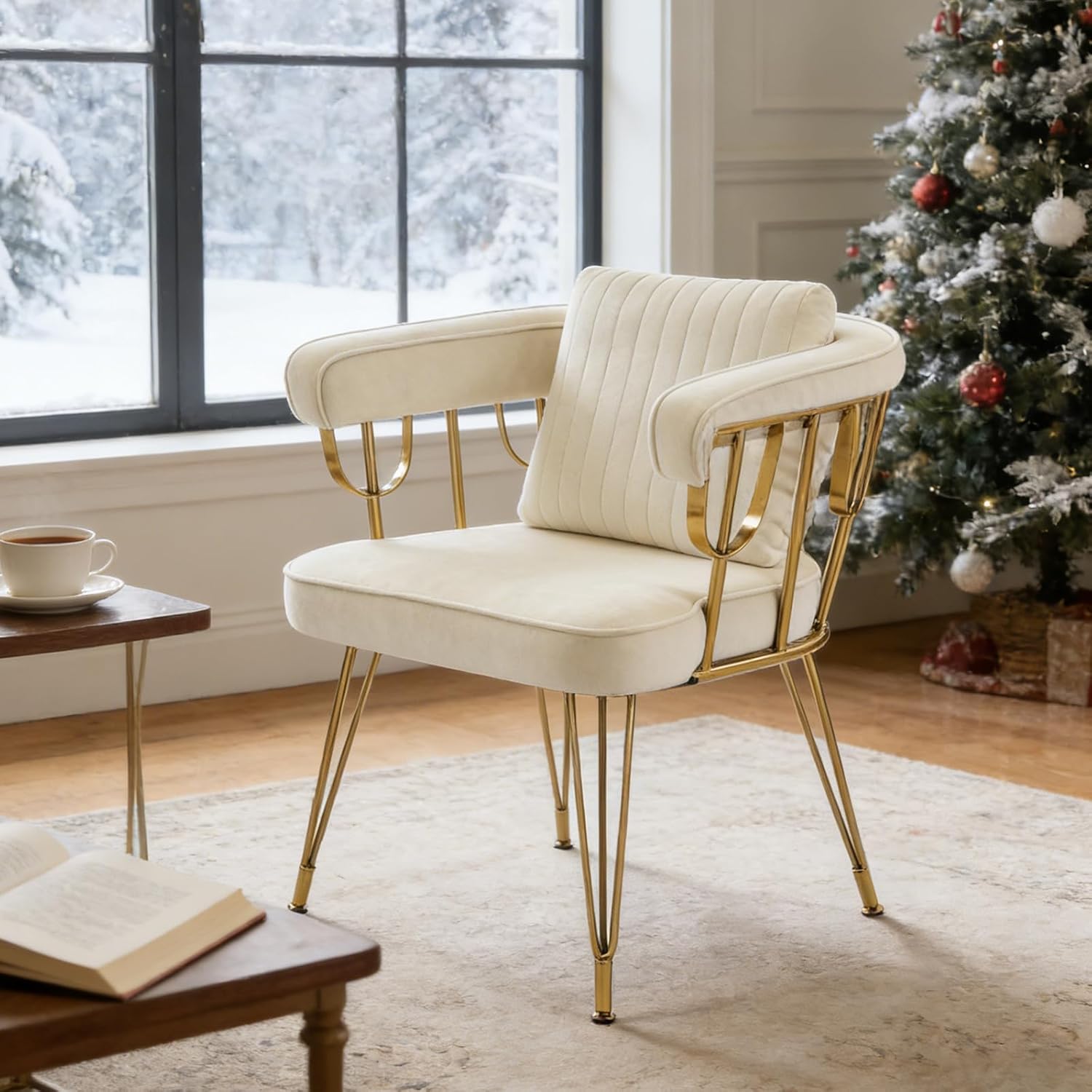 Vanity Chair with Back, Velvet Upholstered Accent Makeup Chairs No Wheels with Golden Legs for Modern Glam Living Room Bedroom Home Office Nail Spa, Girls & Women, Beige