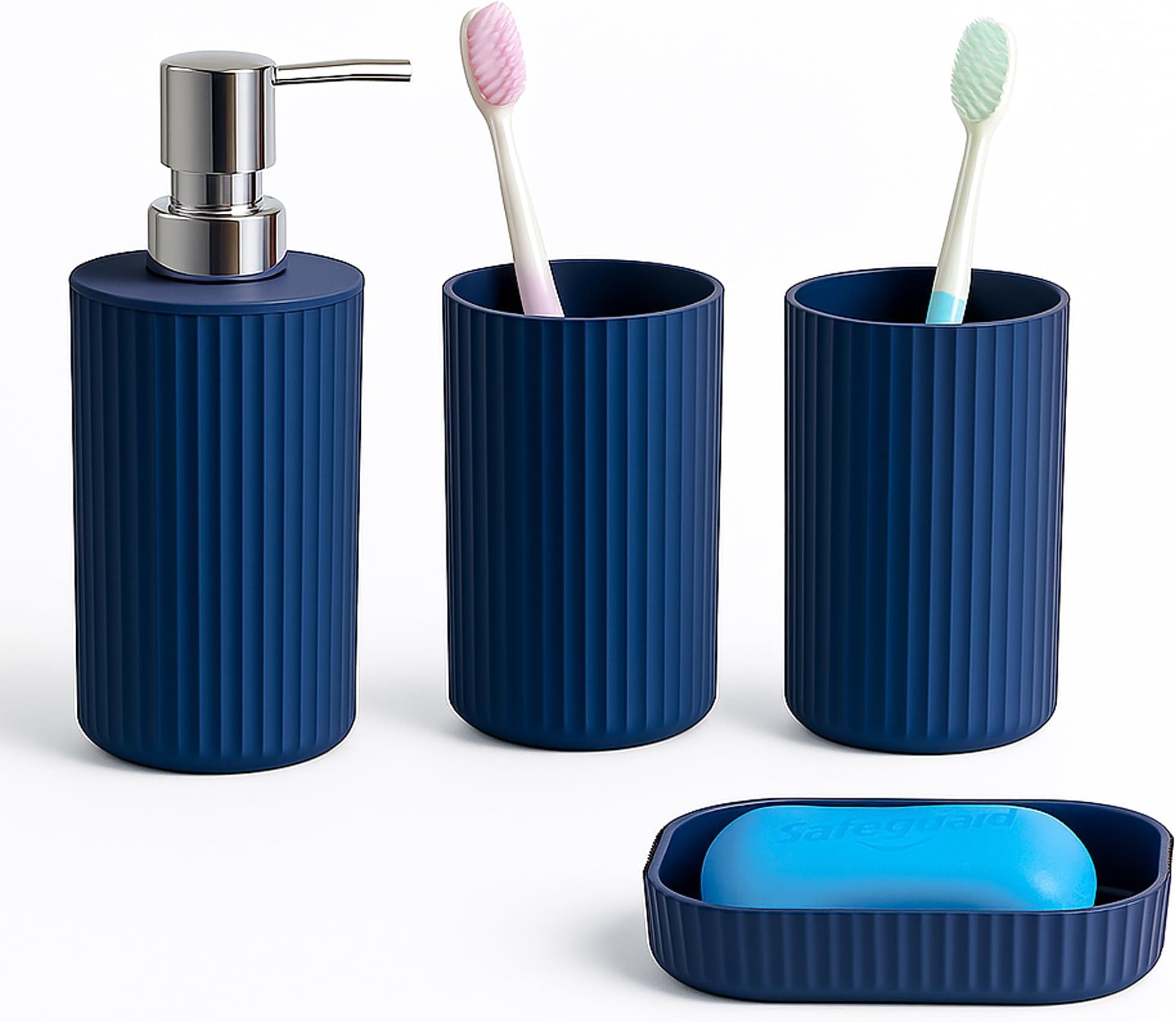 Premium 4-Piece Bathroom Accessories Set โ Matt Grey Rubber-Coated Soap Dispenser, Soap Dish, Tumbler Cup & Toothbrush Holder โ Modern Vanity Organiser Kit (Blue Finish)