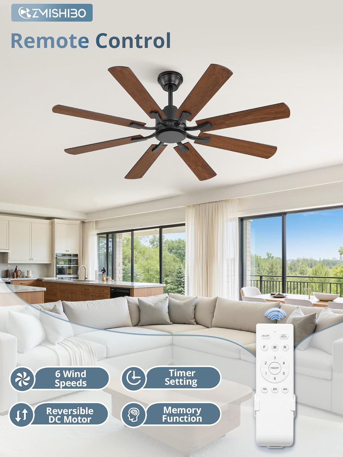 ZMISHIBO 52 inch Ceiling Fan no Light, 8 Blades Black Ceiling Fans without lights, Quiet Rerverible DC Motor, 6speeds, for Bedroom, Living Room, Home Office and Patio
