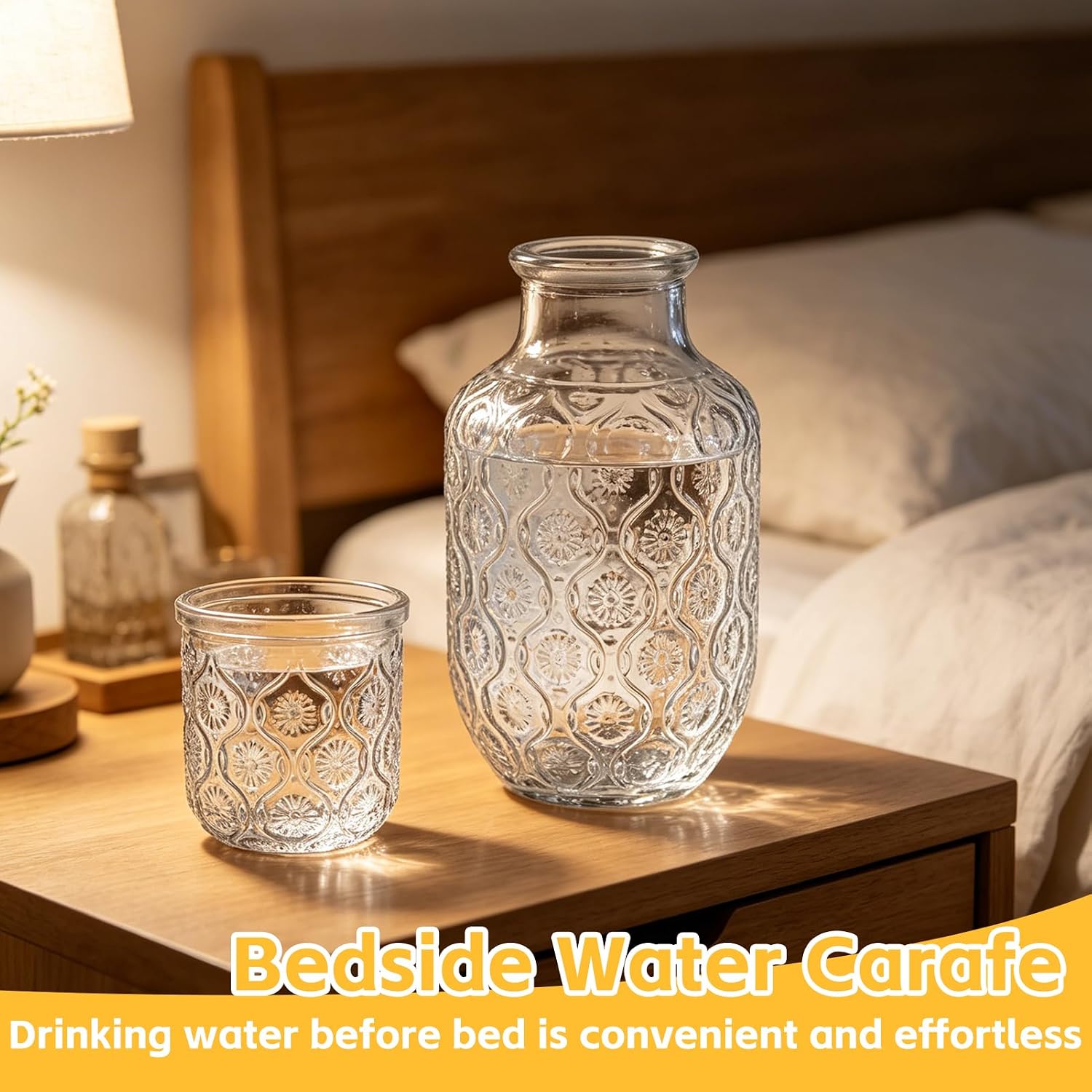 2 Sets Vintage Bedside Water Carafe and Glass Set, 4 Pcs 14Oz Clear Glass Mouthwash Bottle, Midnight Drink Set for Water, Juice, Kitchen, Bedroom