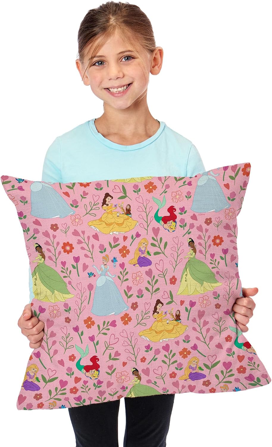 Northwest Disney Floral Repeat Throw Pillow, Ariel, Cinderella, Belle, Rapunzel & Tiana, Soft with Hearts & Flowers for Girls Room or Couch, 18 x 18 Inches