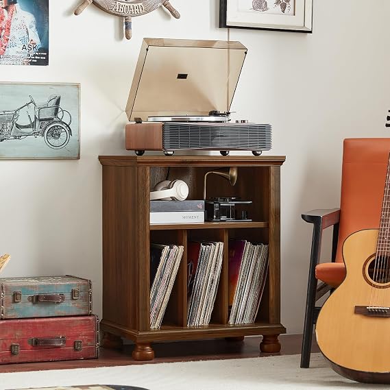 Record Player Stand with Charging Station Up to 200 Albums, 24" Wide Mid-Century Record Player Table with Vinyl Record Storage,Large Wood Turntable Stand Dispaly Cabinet for Living Room,Brown