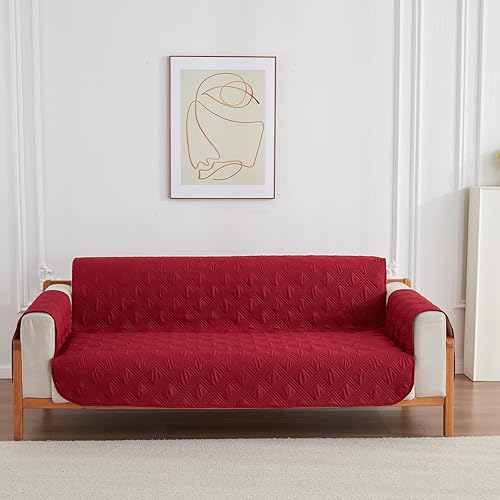 Miniatura 2 de Qubjus Funda de sofá reversible para sofá de 3 cojines, lavable, protector de muebles con correas elásticas para mascotas, perros, niños (borgoña,