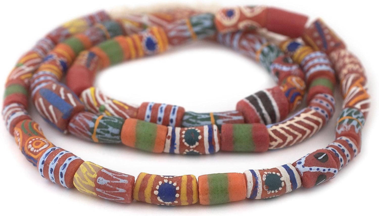 The Bead Chest Triangular Batik Bone Beads: Brown Carved Natural Kenyan African Beads Strung on Raffia, Full 32" Strand