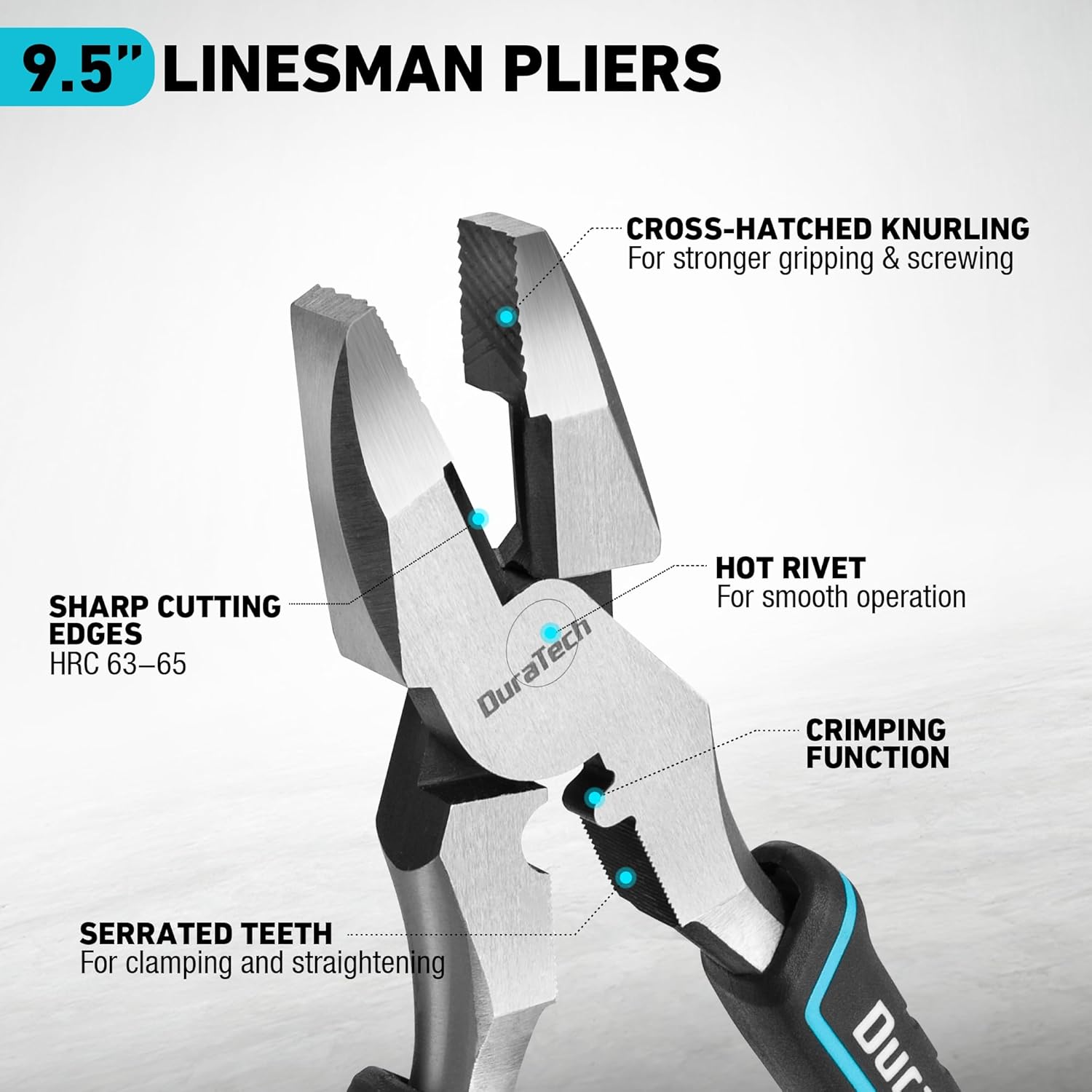 DURATECH 9.5 INCH High Leverage Linemans Pliers, Heavy Duty Side Cutters, Linesman Pliers for Wire Cutting, Crimping