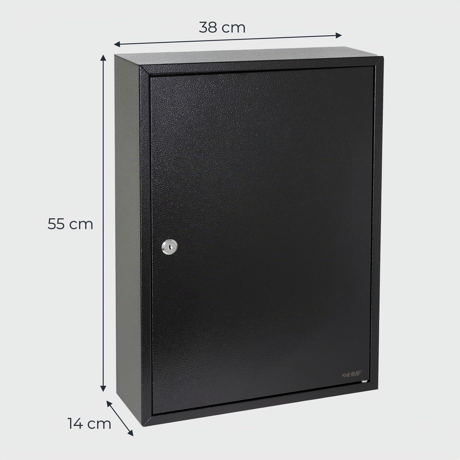 HMF Armoire à clés Grande capacité en Acier, Boite a Clef Murale verrouillable pour Bureau, Administration ou Parc Automobile | 200 Crochets à clés | 55 x 38 x 14 cm | Noir