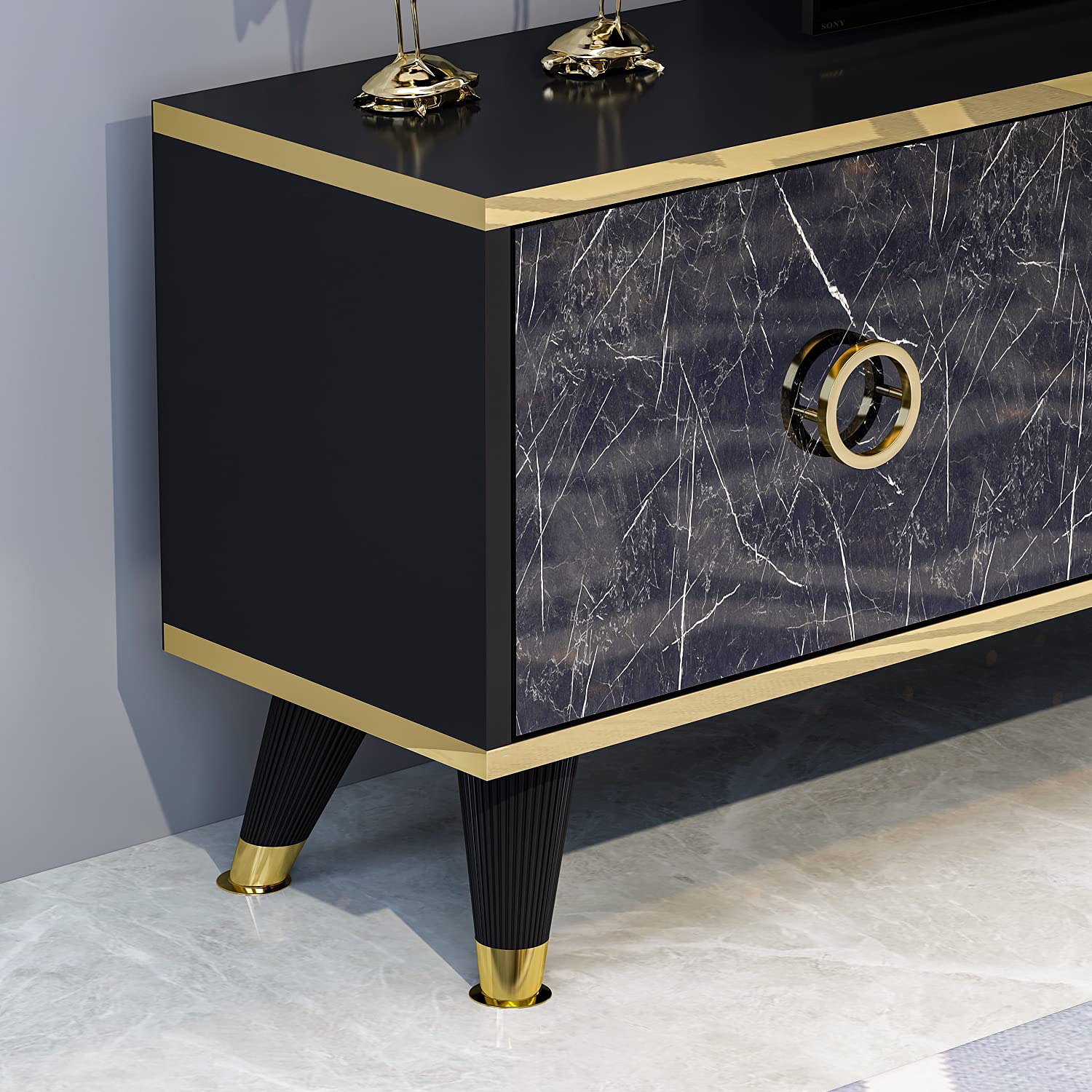 Homidea Sophia Wohnwand – Wohnzimmer TV Set – TV Schrank – TV Lowboard – Fernsehtisch - TV Möbel mit 2 Türen und Wandregal in glänzendem Design (Schwarz)