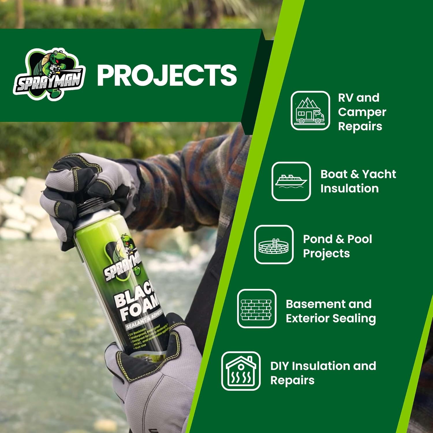 Sprayman Black Foam Sealant - (1x24 Oz) Expanding Polyurethane Pond & Landscape Foam, UV Resistant, Water Proof, Acoustic & Thermal Insulation, Gun Included - 1 Pack