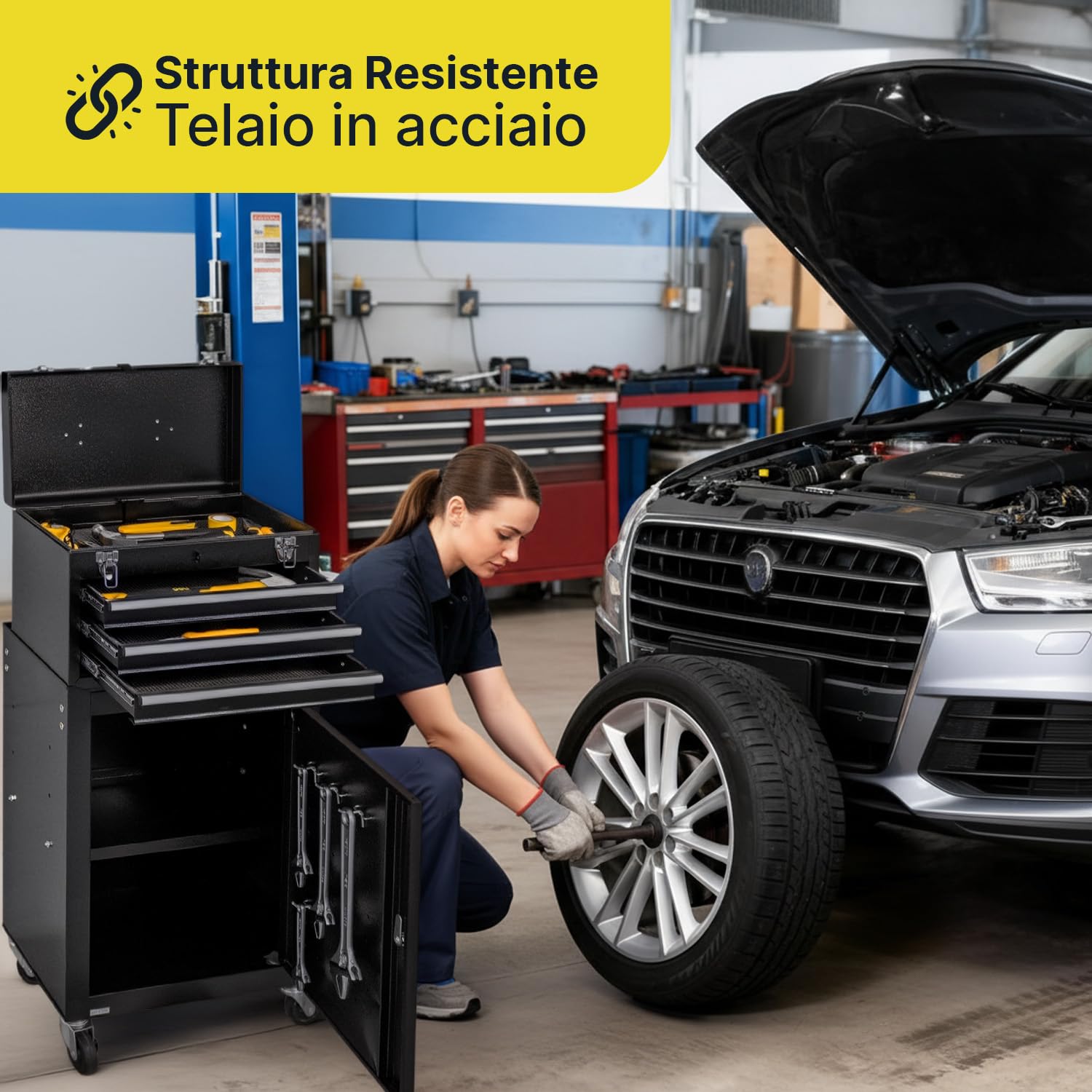 Carrello Officina Porta Attrezzi in Metallo - Banco da Lavoro Mobile con 3 Cassetti Scorrevoli e Armadietto con Serratura - 4 Ruote Girevoli e Maniglia Ergonomica - Organizer per Garage
