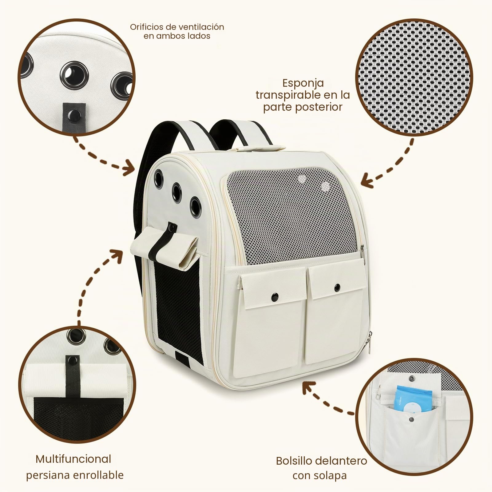 YooxArmor Mochila Transportadora para Gatos Perro,Bolsa Plegabl Transportin Mochila para Mascotas hasta 8 kg con Ventana de Malla,Blanco