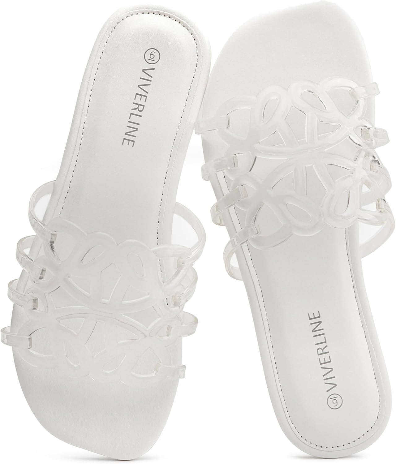 Womens Slide Sandals - Jelly Hollow Slip On Flats with Open Toe - Clear Breathable Fashion Beach Slippers for Women