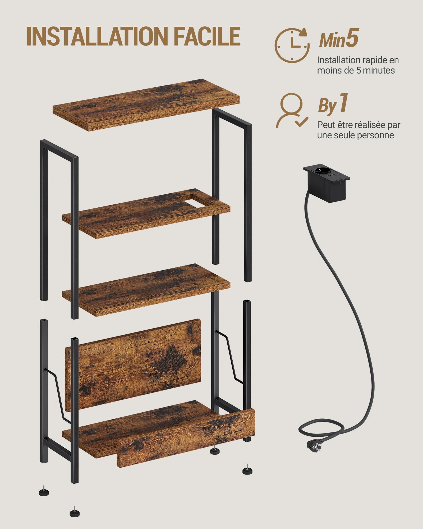 Hzuaneri Table d'Appoint Fine, Bout de Canape à 4 Niveaux avec Porte-revues et Prise de Recharge, Table d'Appoint Adaptée aux Salons, Chambres et Bureaux, Marron Rustique ET40001BEU