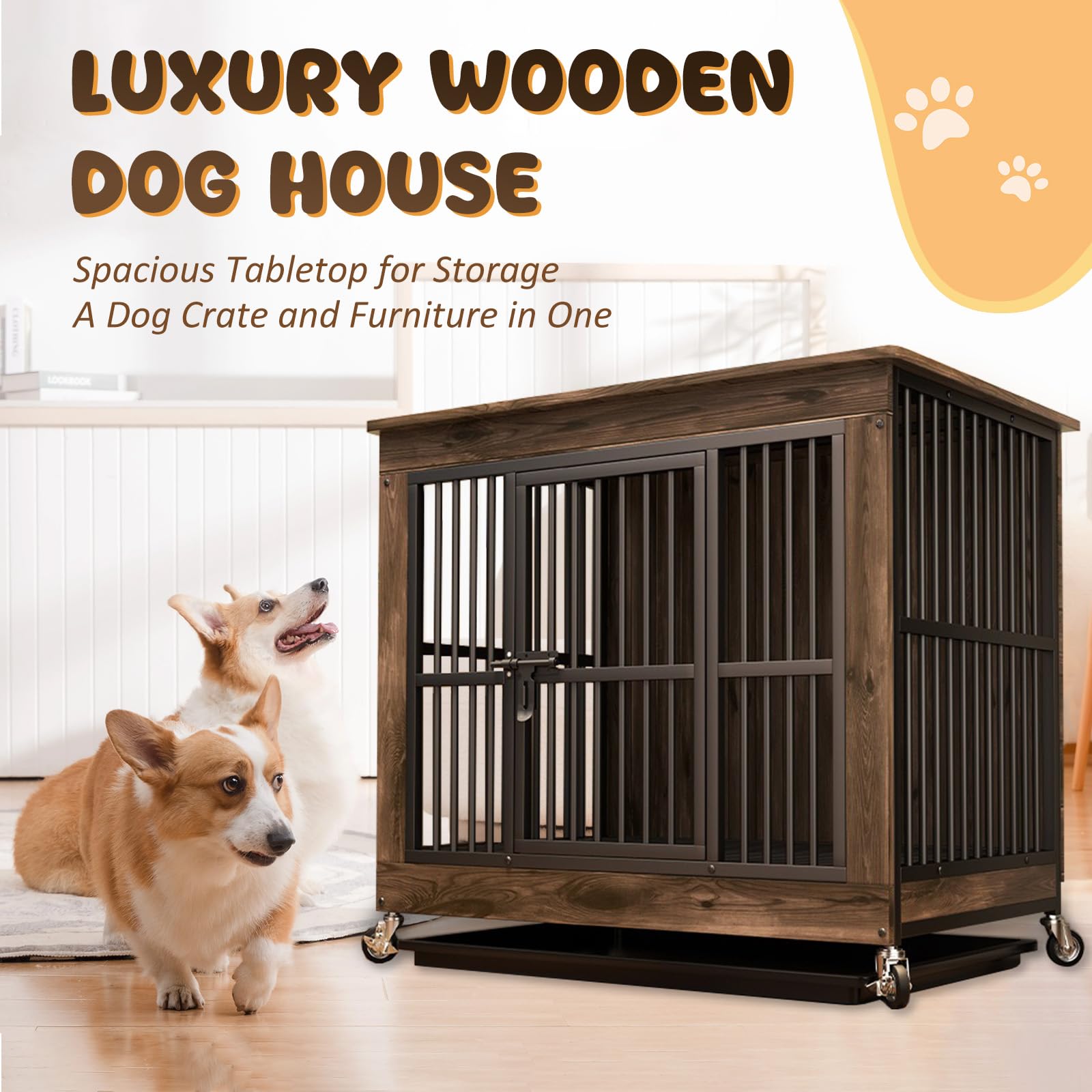 Jaula de Madera para Perros con Bandeja Extraíble y Ruedas | Diseño tipo mueble, Techo resistente, Marrón, 80 × 52 × 77 cm, Tamaño S