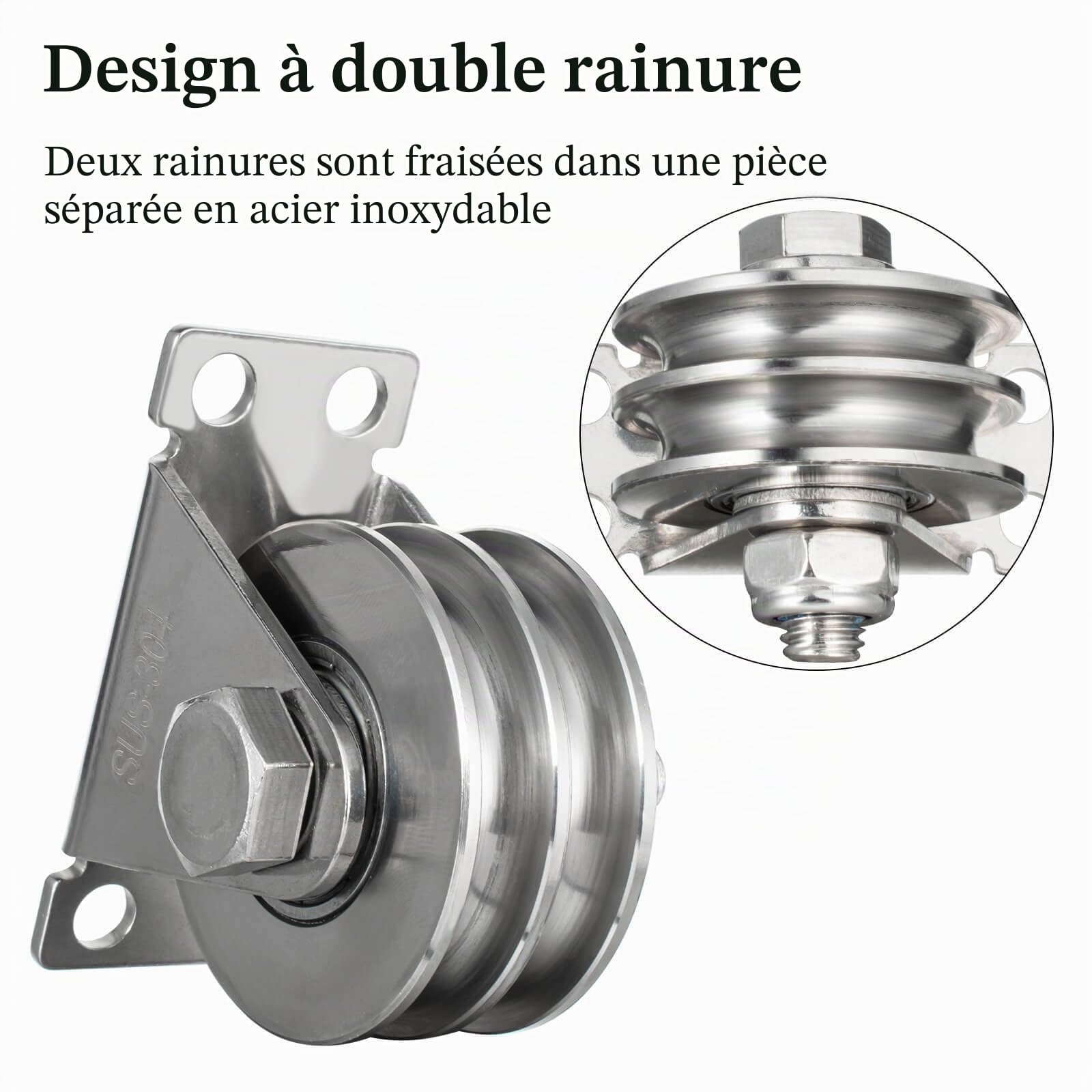 Poulie double avec 2 roulements à billes, treuil en acier inoxydable, poulies pour cordes de 8 mm en acier, capacité de charge 500 kg, lot de 2 pièces KCNOFNC Poulie double avec 2 roulements à