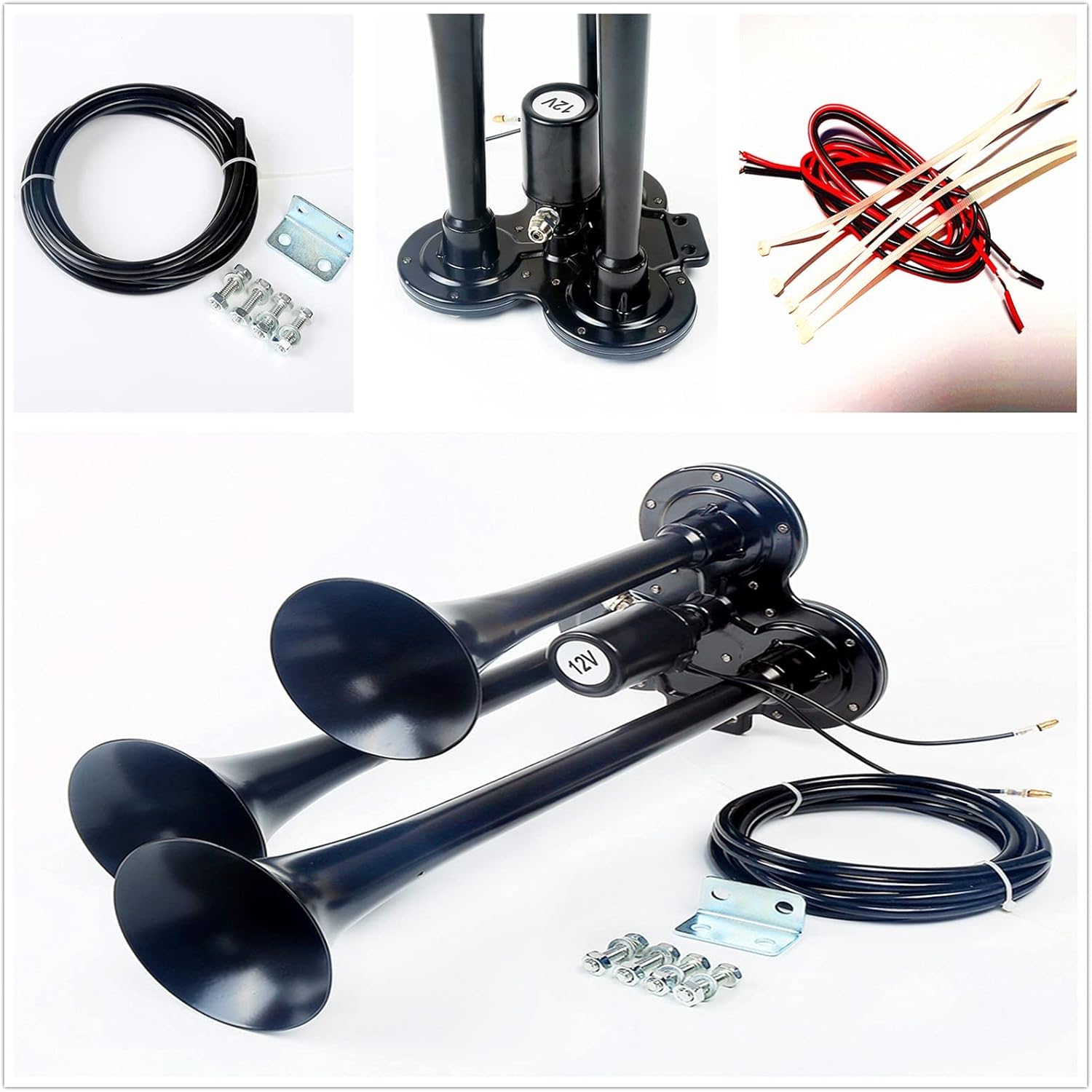 Air Horn Loud Horn Car Horn with solenoid valve Truck Horn Alarm Horn Train Horn 165DB Loudspeaker Zinc Chrome Electric Horn set suitable for any 12V car ship truck etc (black)