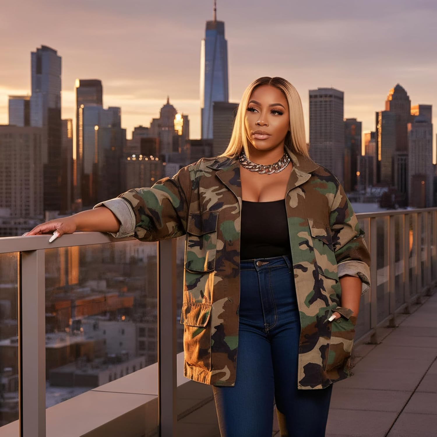 Voghtic Women Casual Camo Jacket Army Military BF Overcoat Long Sleeve Open Front Blazer with Pockets - Image 3