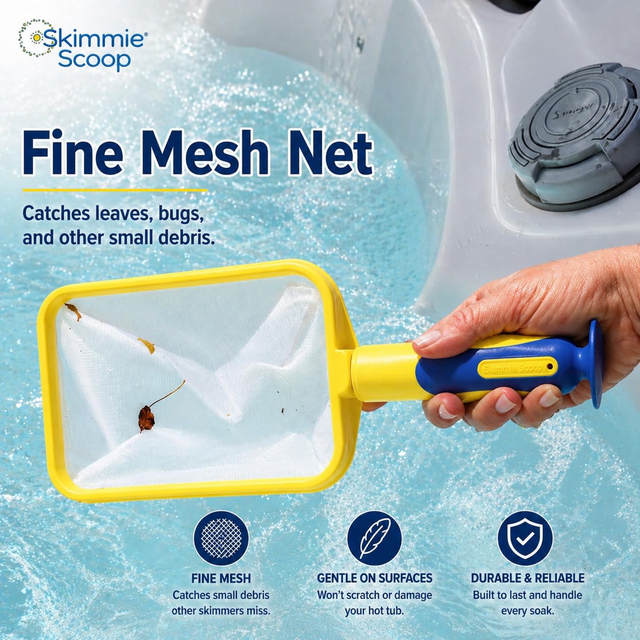 The Skimmie Scoop - Skimmer de mano patentado con red de malla fina para spa, jacuzzi y limpieza de piscinas pequeñas, ligero y duradero con potente ventosa, cabe en el compartimento del filtro