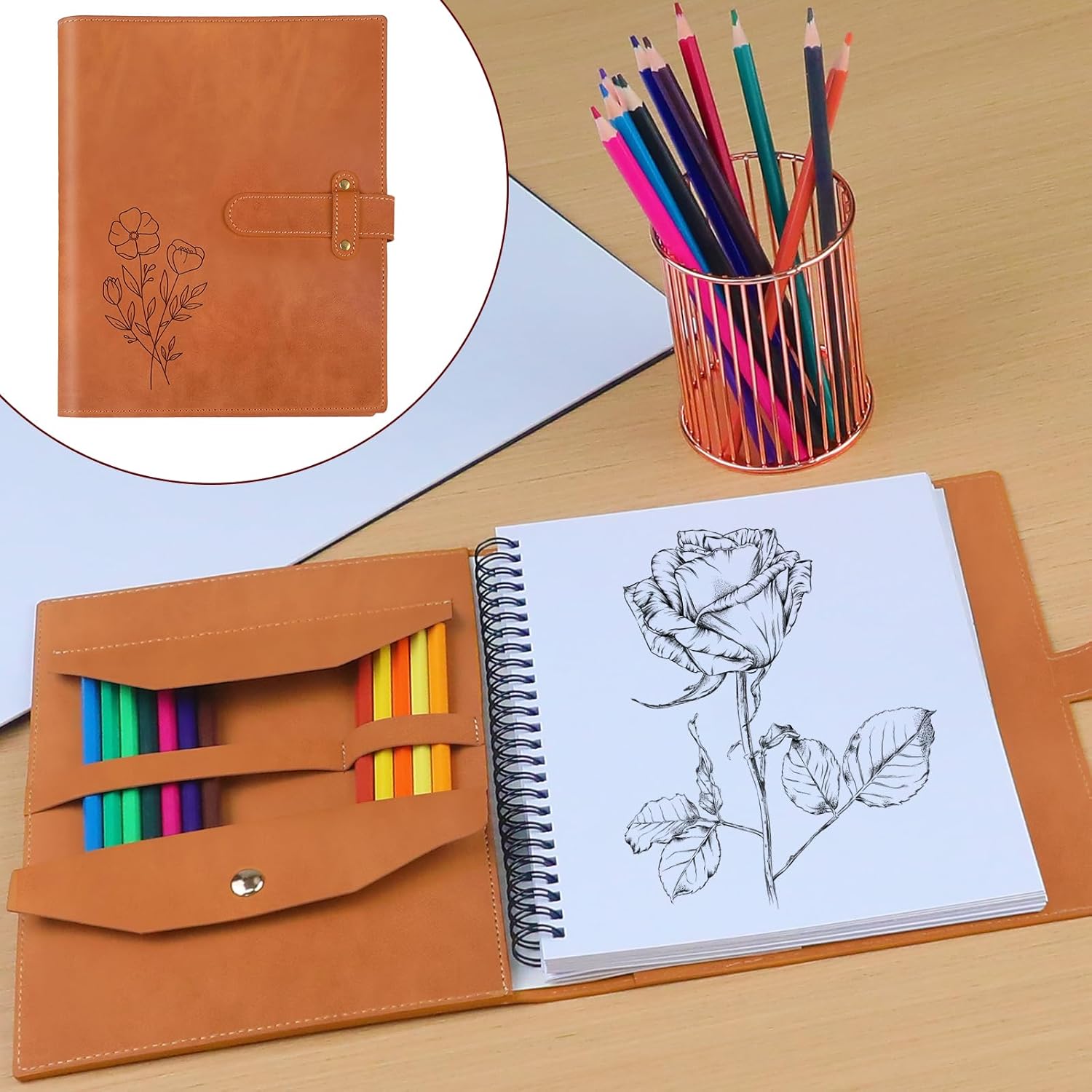 Personalized Flower Leather Sketchbook Cover with 24 Color Pencils Sketch Pad Cover Name Leather Book Cover Leather Journal Notebook Traveler's Sketchbook Gifts for Students Teacher Painter Artist