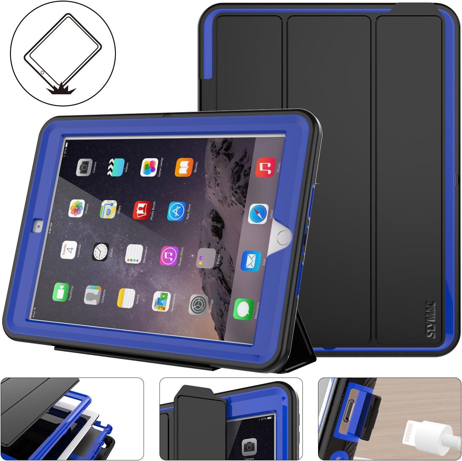 SEYMAC stock Case for iPad 2017/2018, Protective iPad 9.7 inch Smart Cover Auto Sleep Wake with Leather Stand Feature for 5th/6th Generation (A1822/A1823/A1893/A1954) New iPad (Black/Blue)