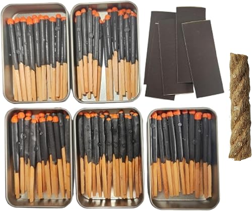 Miniatura 15 de Kit de fósforos impermeables de supervivencia – 20/40/60/80/100 cerillas de fuego + delantero extra en lata de metal, cables de yesca encerados