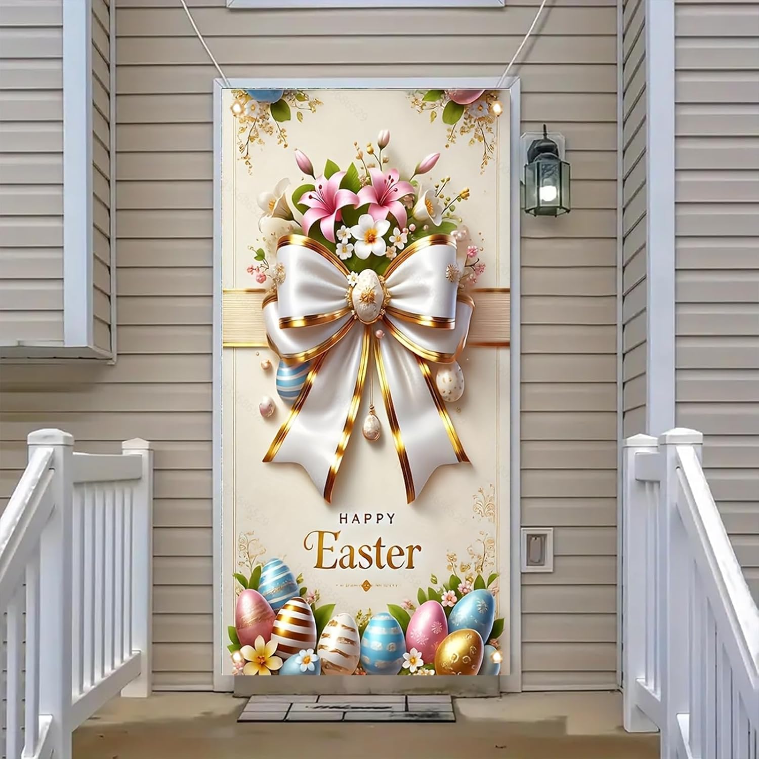 Elegant Easter Door Cover Banner 71 x 35 Inch White Bow and Floral Egg Decoration for Front Door Indoor Outdoor Spring Holiday Party Decor image 3