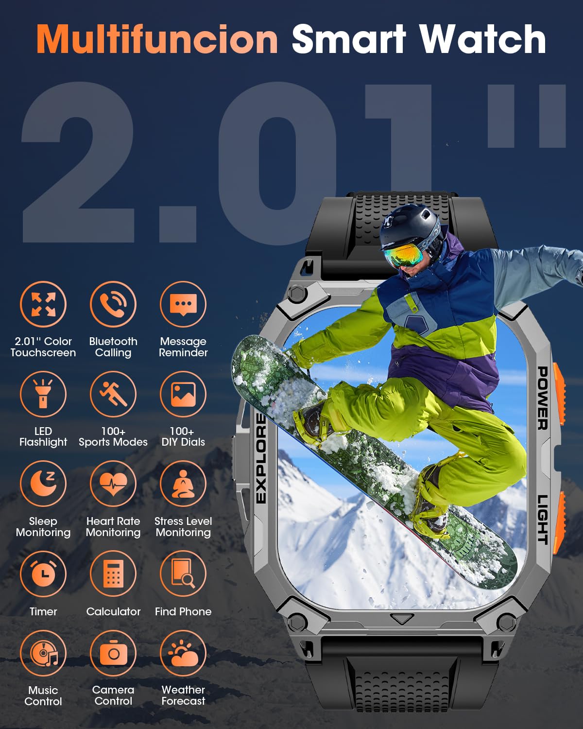 Military Smart Watches for Men (2 Straps), 2.01" HD Smartwatch with 1000 mAh Battery, Answer/Make Call, Led Flashlight, Heart Rate/Sleep Monitor, 100+ Sport Modes Fitness Tracker for Android/iPhone