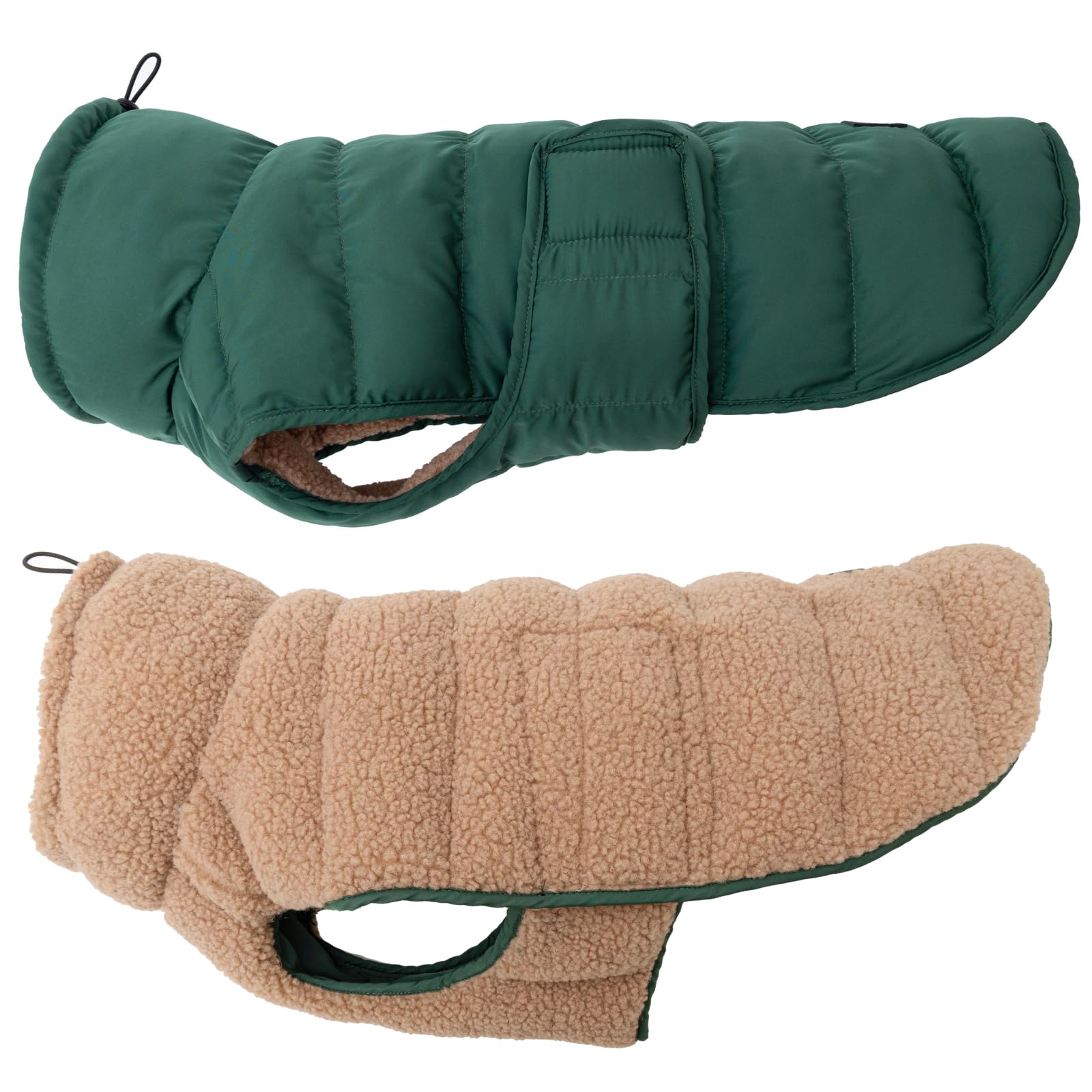 Hundemantel Beidseitig Tragbar, Puffer-Design – Cozy Sherpa Fell oder Moderne Puffer-Jacke - Wendbare Hundejacke, Hunde Wintermantel (Grün/Beige, 30)