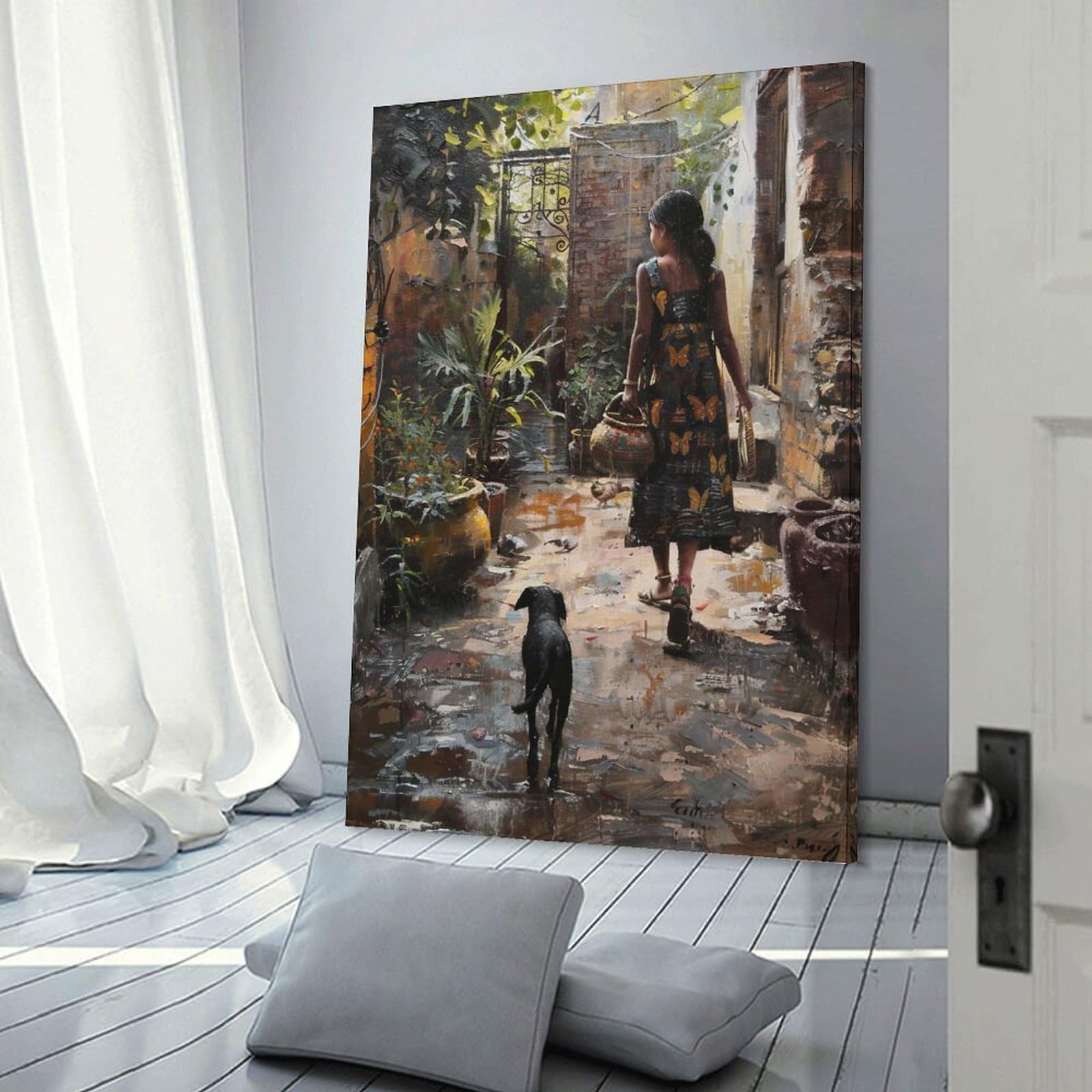 Junmoney Girls Frame-Style-2 With Dog In Courtyard Painting Canvas Wall Picture, 20X30inch(50X75cm), For Study, Office Or Focused Interiors, Home Office Artwork With Decorative Appeal