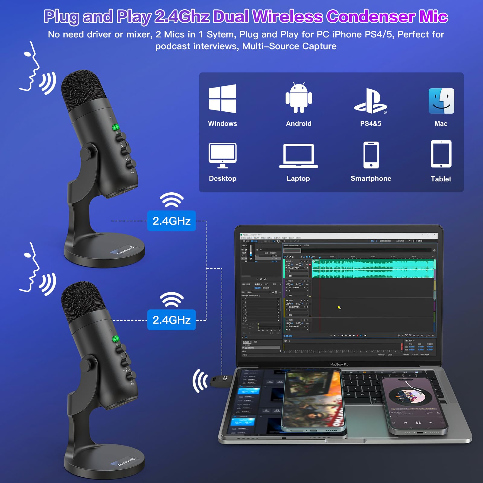 zealsound 2-in-1 USB Wireless Podcast Microphone Kit for PC/iPhone - Image 2