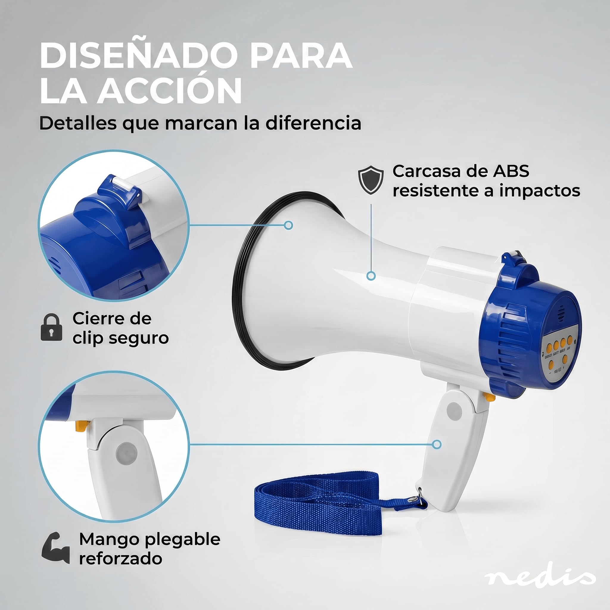 Nedis megáfono 250 m 150 dB blanco azulado con correa y micrófono incorporado sirena grabación