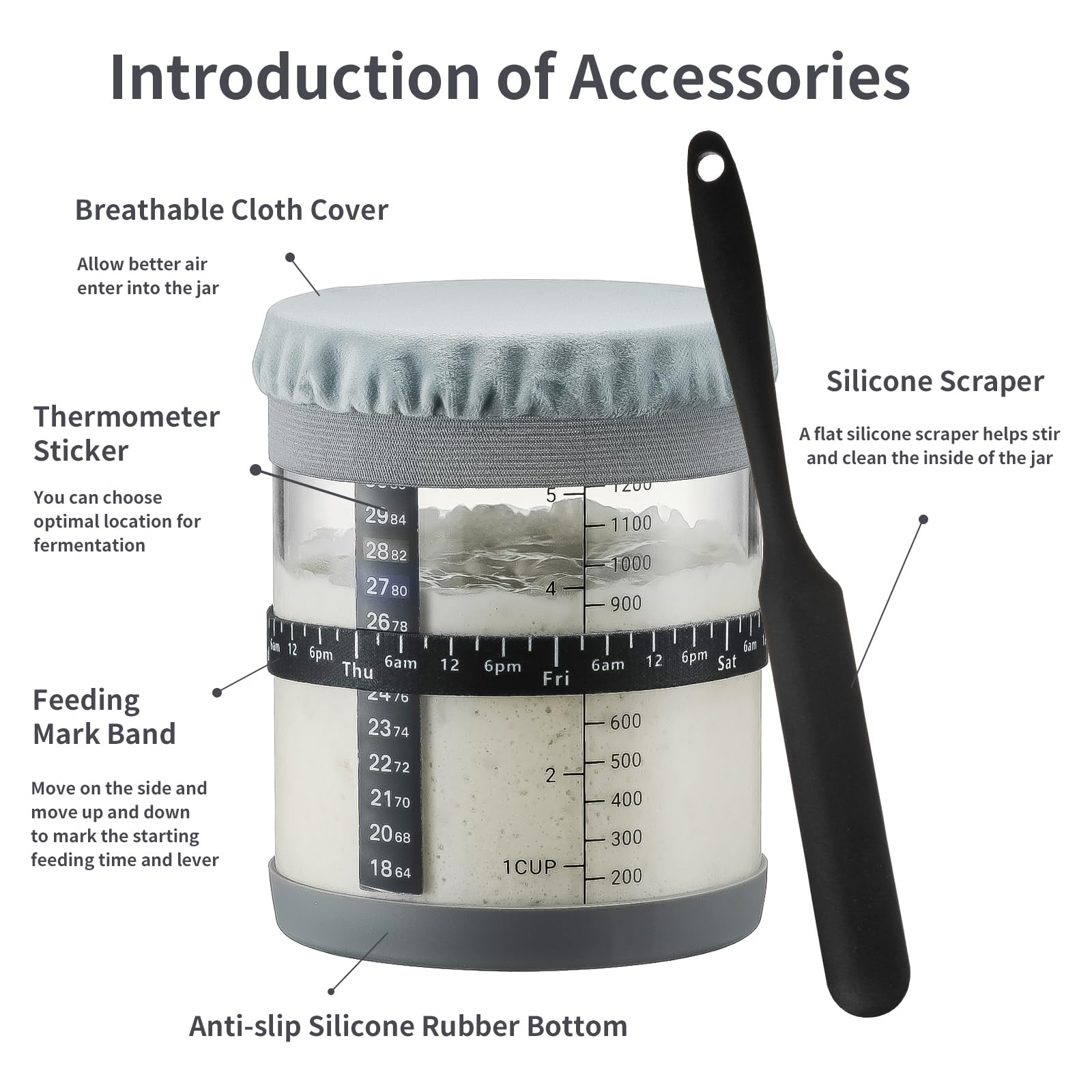 Sourdough Starter Jar,50oz Wide-Mouth with Non-slip silicone rubber Bottom Sourdough Starter Kit,Date Marked Feeding Band, Thermometer, Cloth Cover & Bamboo Lid, Reusable Sourdough Bread Baking