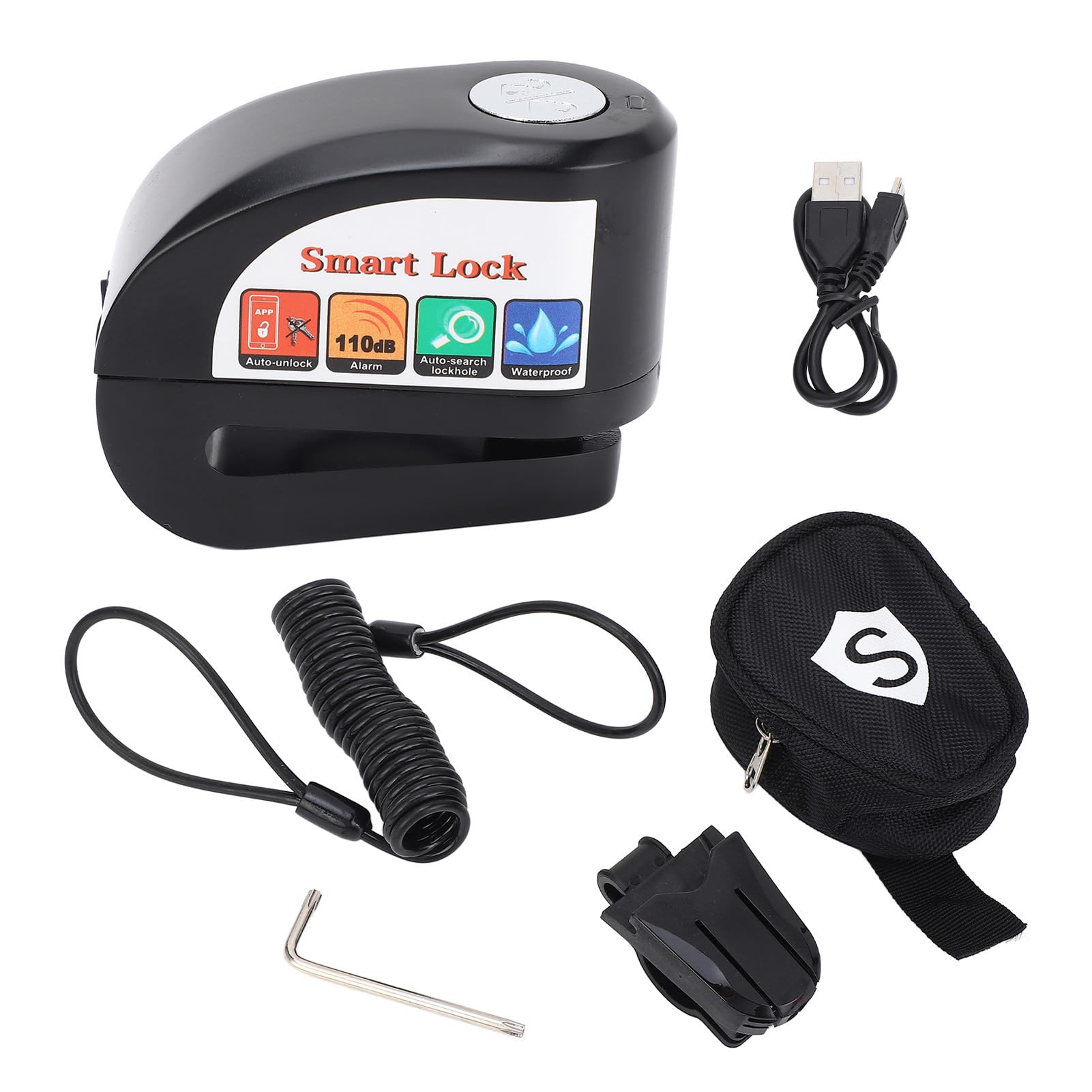 Fockety Bloque-Disque D'alarme, Contrôle par Application BT, Antivol Intelligent pour Frein de Moto avec Câble de Rappel, Goupille de Verrouillage de 0,22 Pouces, Sac de Transport,