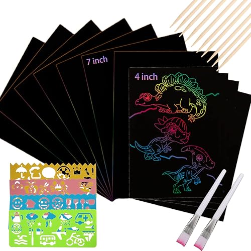 Juego de 100 piezas de papel mágico para rascar tarjetas artísticas, color negro arcoíris con 10 varillas de bambú, 1 cepillo blanco, 8 plantillas