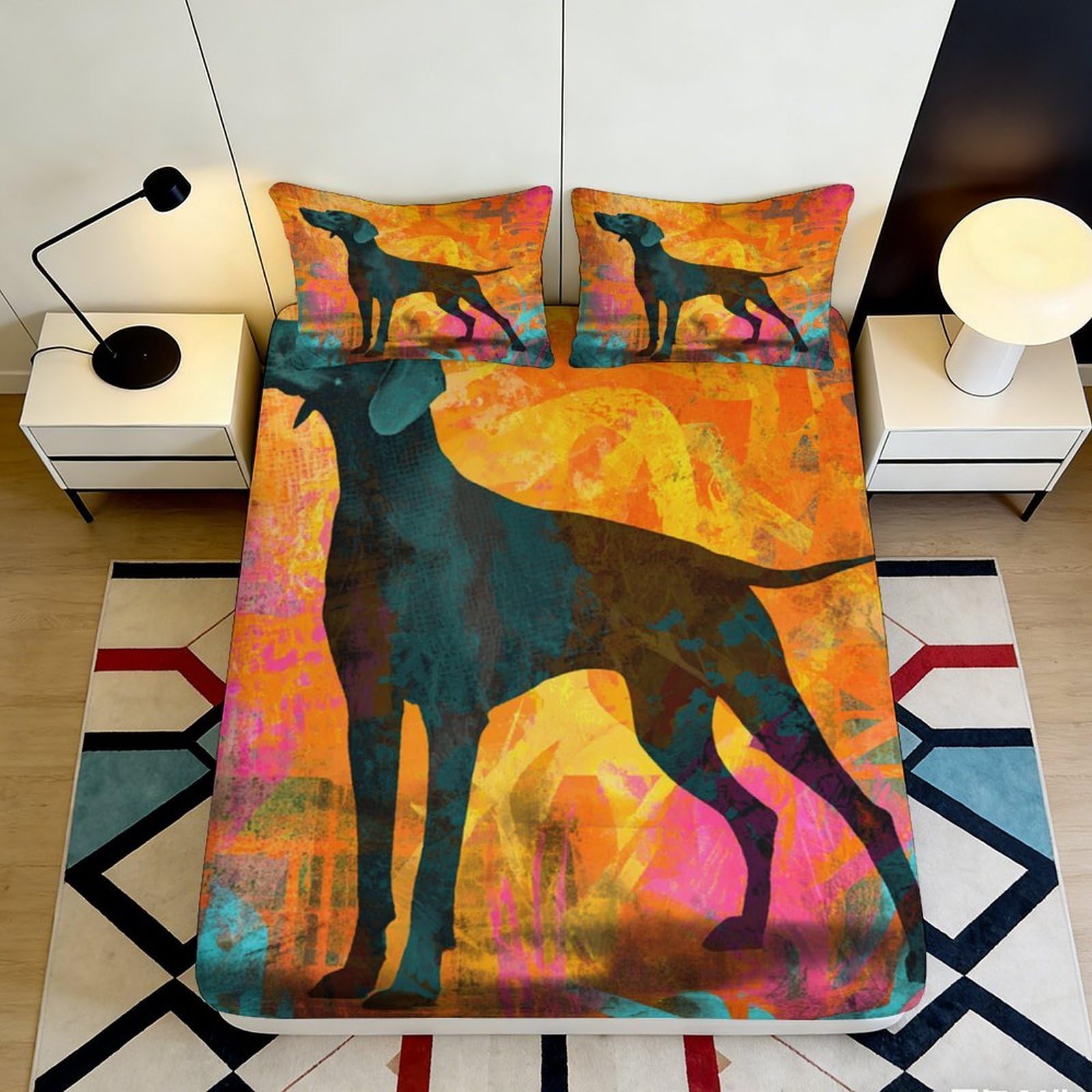 3D Printed Abstract Dog Fitted Sheet Microfiber Deep Pocket Non-Slip Artistic Mattress Fitted Cover Washable Bedroom Bedding 200x200x25cm 90x200x25cm