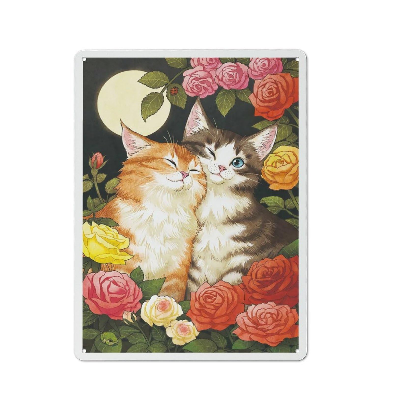 Cats in Love with Roses Metal Wall Plaque, Easy to Hang Plaque for Garage, Shed, Workshop Or Hobby Room, 40x30cm
