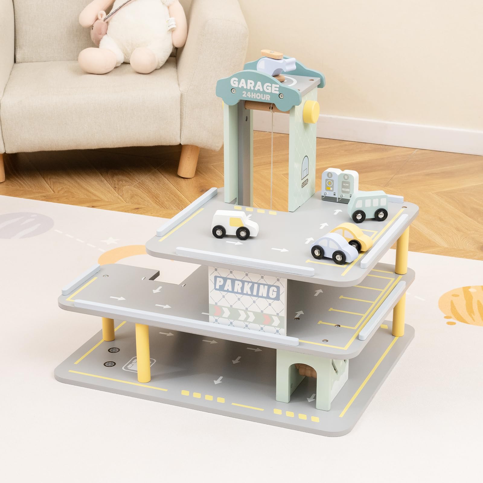 RELAX4LIF Garage per Bambini con 4 Macchinine e 1 Elicottero, Garage di Parcheggio a 3 Piani con Ascensore, Autolavaggio e Distributore di Benzina