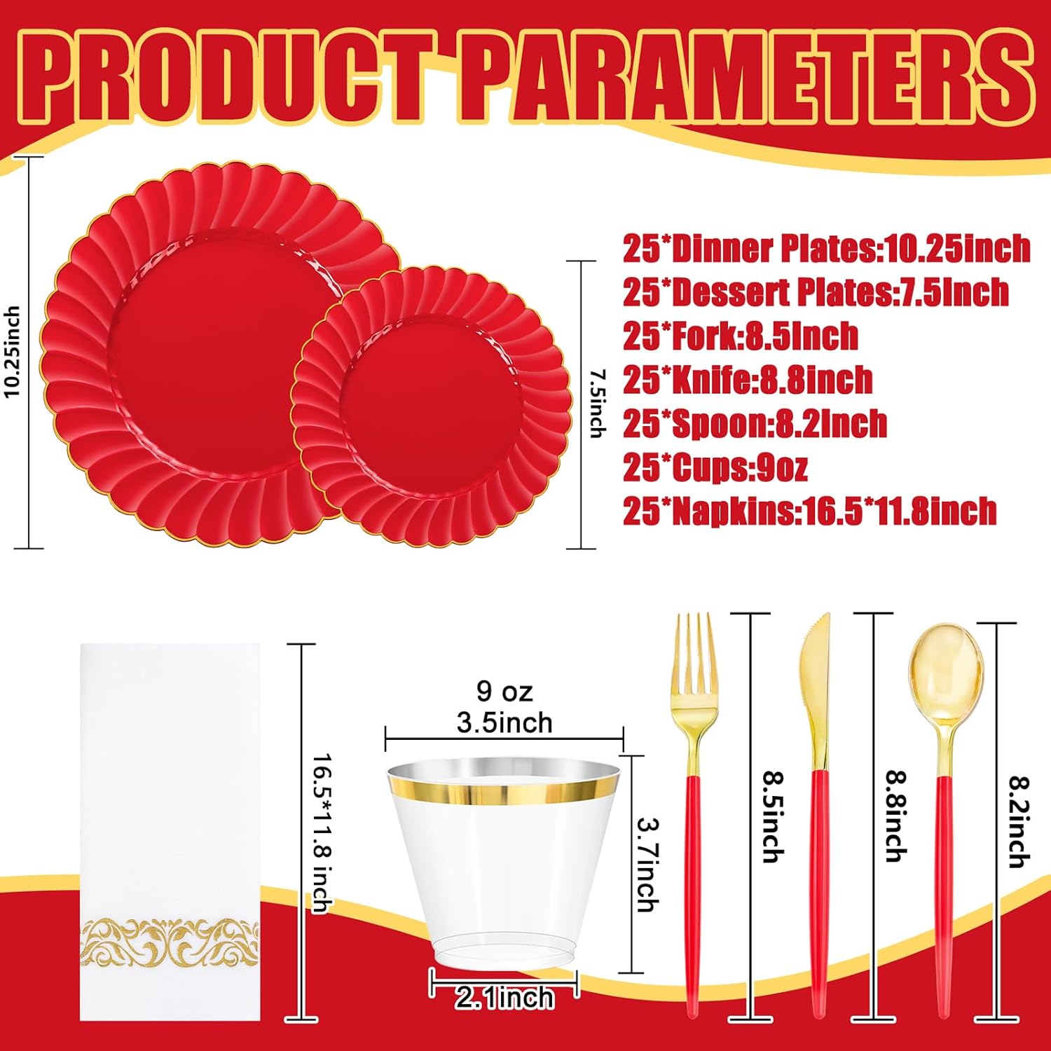 Ciaell 175 PCS Red Scalloped Plastic Plates with Gold Trim - Red Plastic Silverware with Handle - Fancy High-End Dinnerware Sets for Wedding & Party